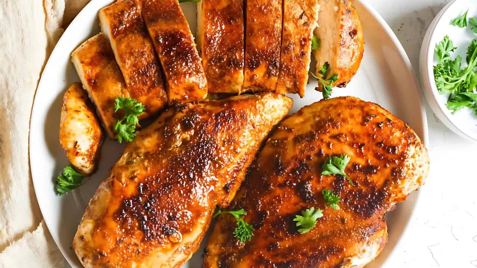 Grilled chicken breasts garnished with parsley on a white plate.