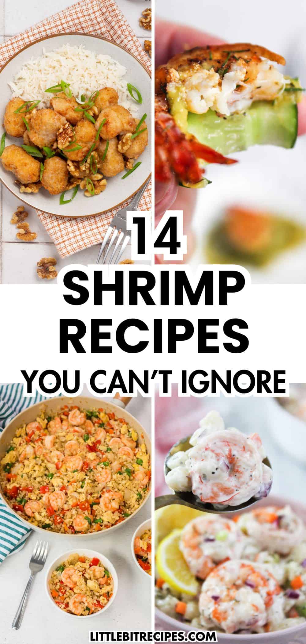 Collage of shrimp recipes that are too easy to ignore, featuring fried shrimp with rice, stuffed shrimp, shrimp salad, and shrimp stir-fry. "14 Shrimp Recipes You Can't Ignore" is artfully displayed.