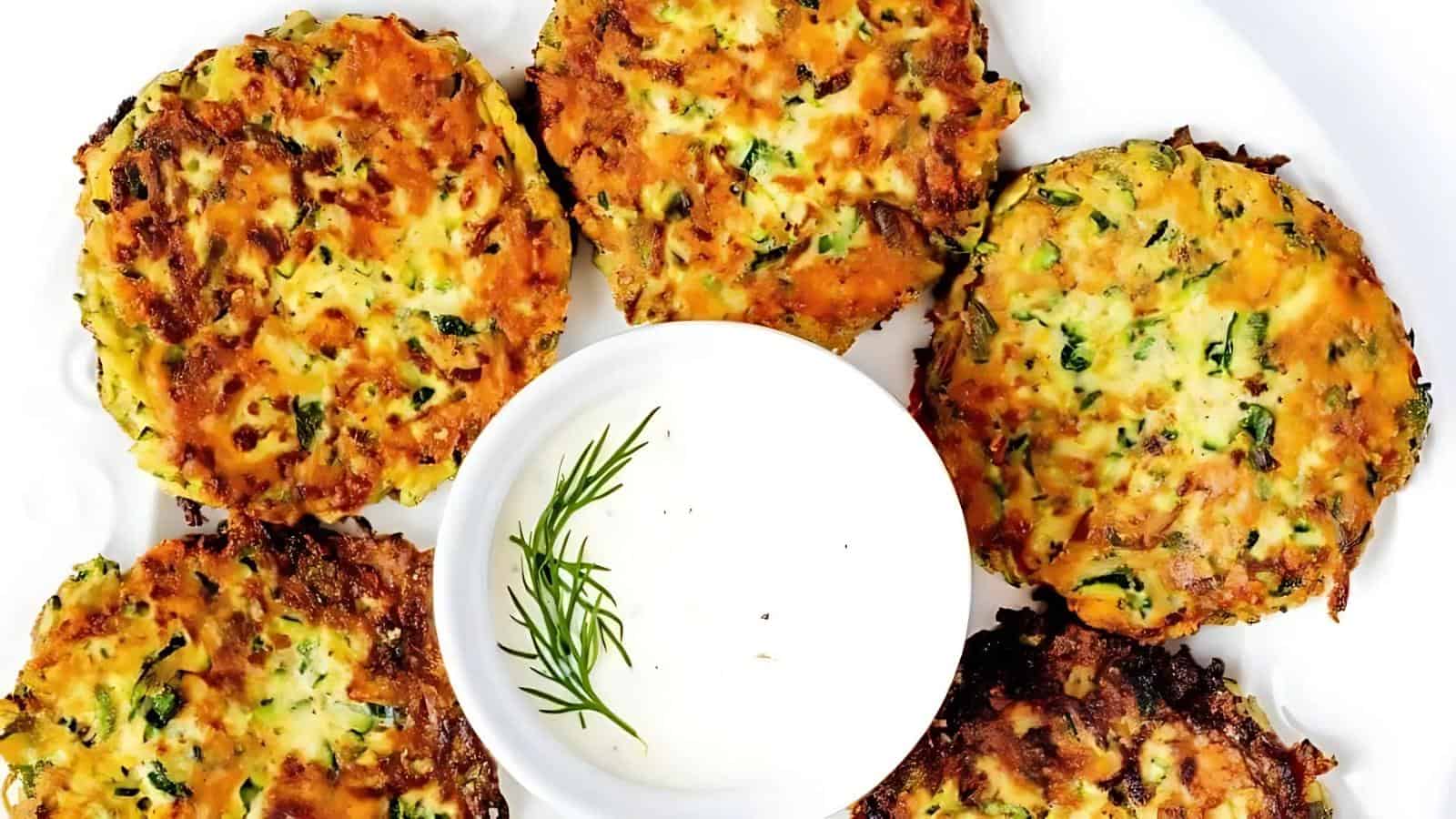 Six zucchini fritters arranged in a circle around a small bowl of sour cream garnished with dill on a white plate.