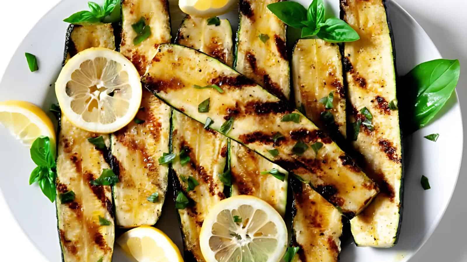 Grilled zucchini slices on a white plate, garnished with lemon slices and basil leaves.