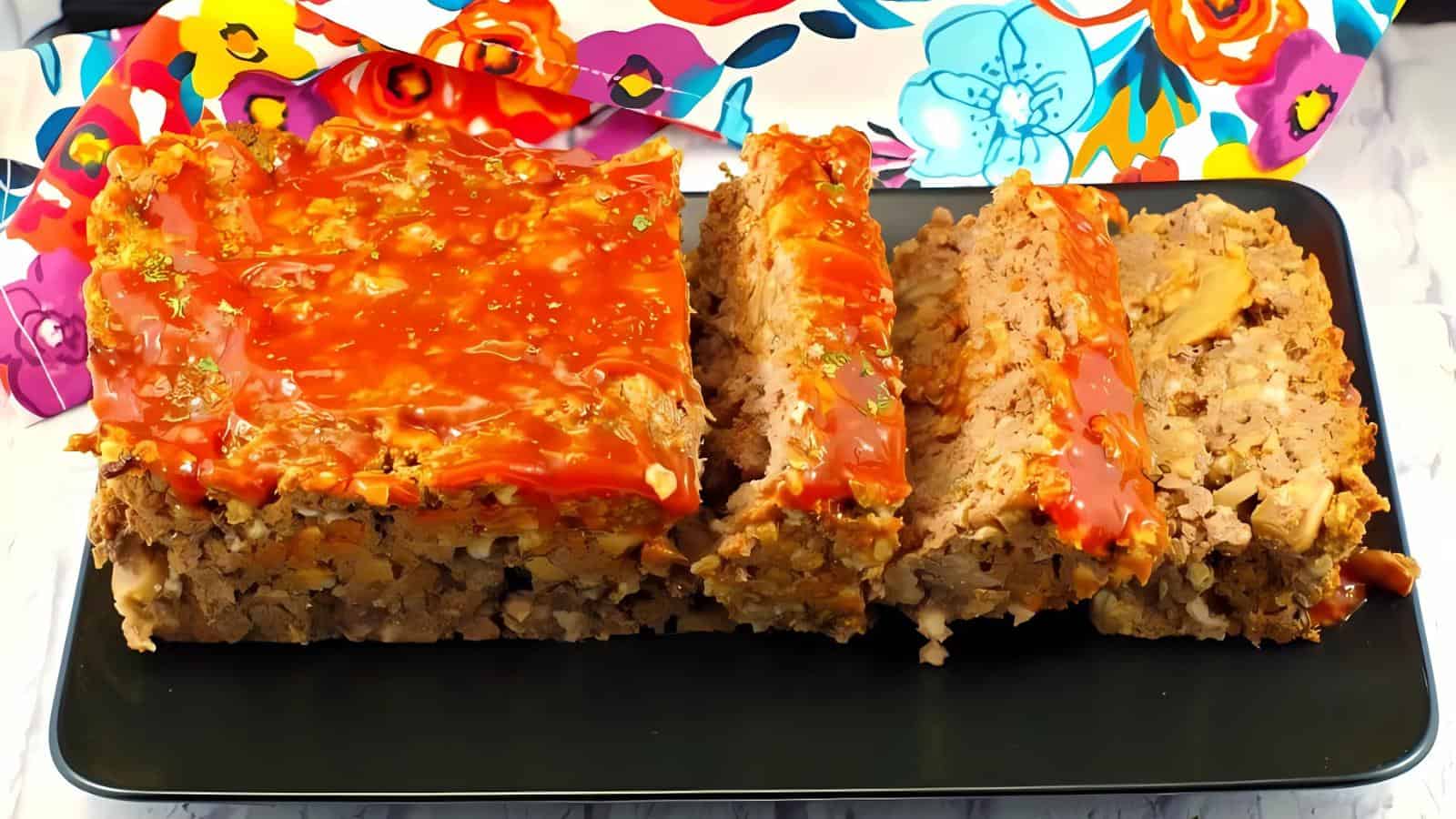 A sliced meatloaf topped with red sauce on a black rectangular platter, set on a counter with a colorful floral napkin.