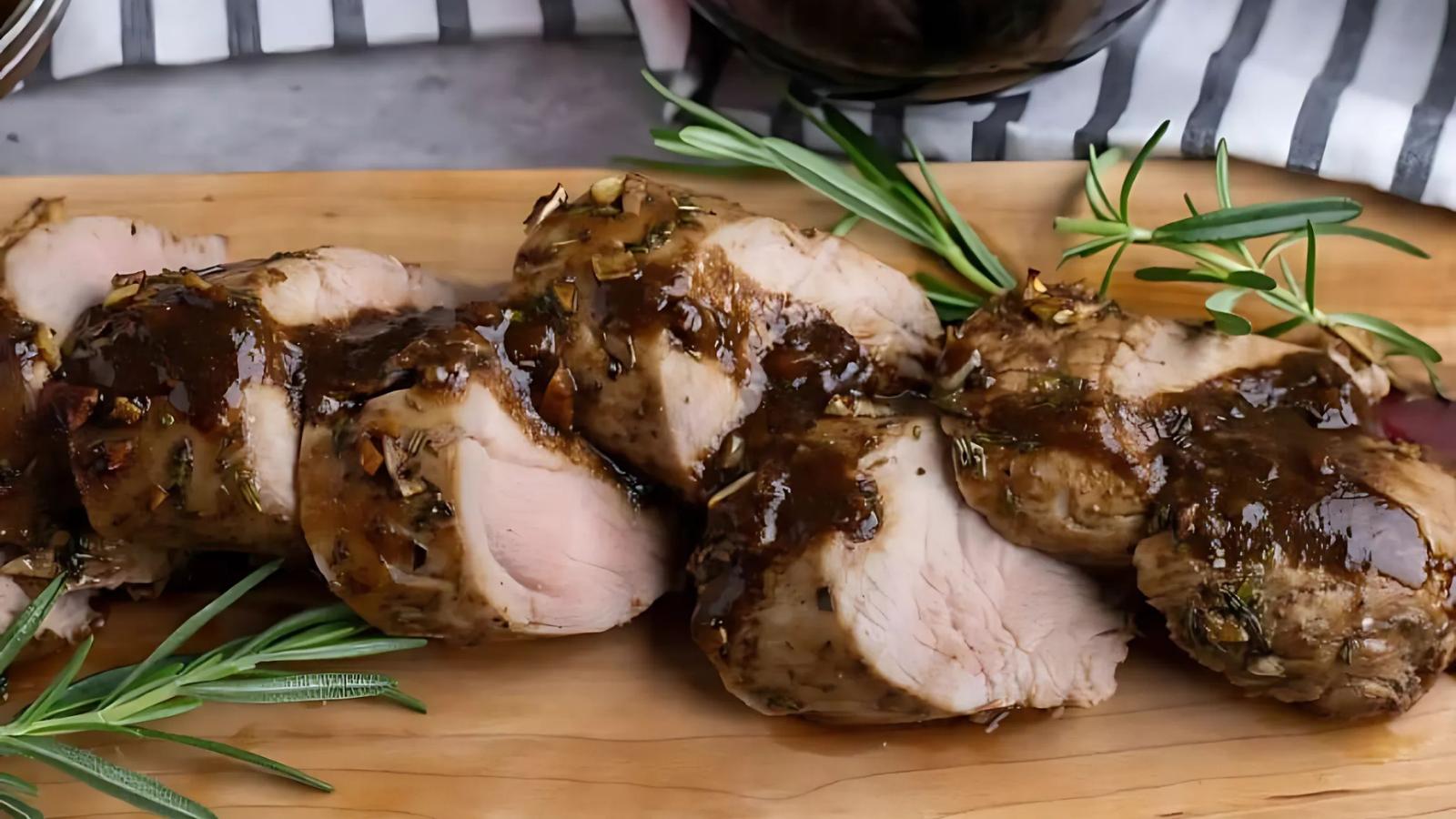 Sliced roasted pork tenderloin with sauce is arranged on a wooden board, garnished with rosemary sprigs.