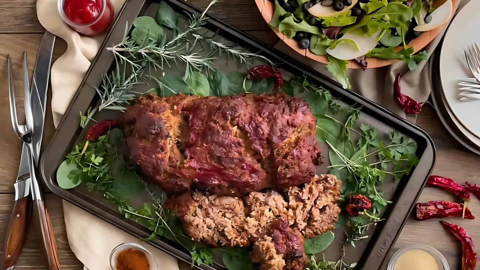 Cooked meatloaf on a baking tray garnished with herbs and dried peppers, accompanied by salad with olives and apples, a fork and knife, and condiments in small bowls.