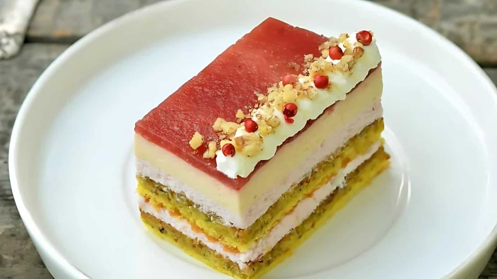 A layered dessert with yellow and pink cake, cream layers, a red jelly top, whipped cream, nuts, and pink peppercorns, served on a white plate.