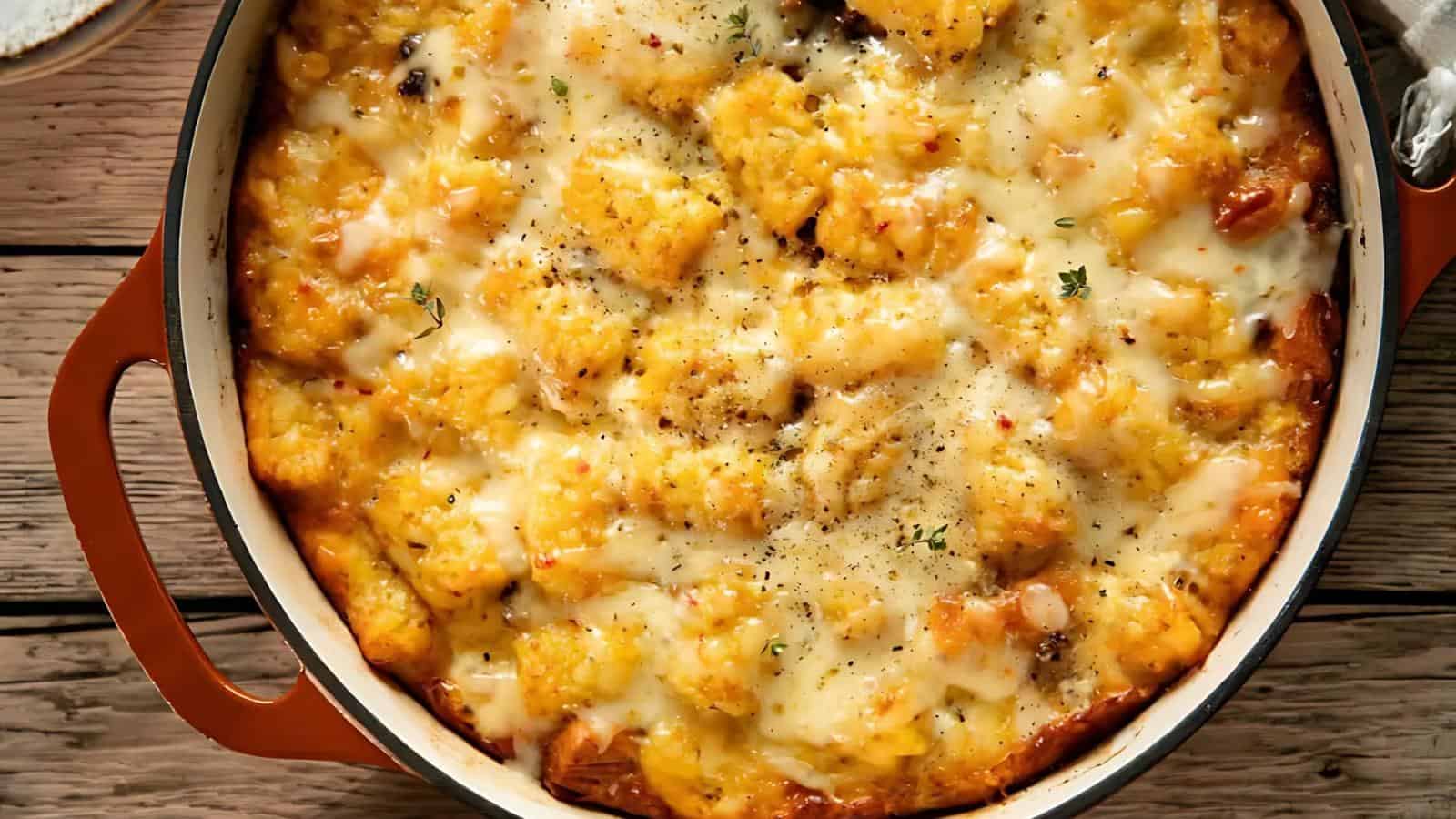 A baked casserole dish filled with melted cheese and potato tots, seasoned with black pepper and herbs, in an orange pan on a wooden surface.