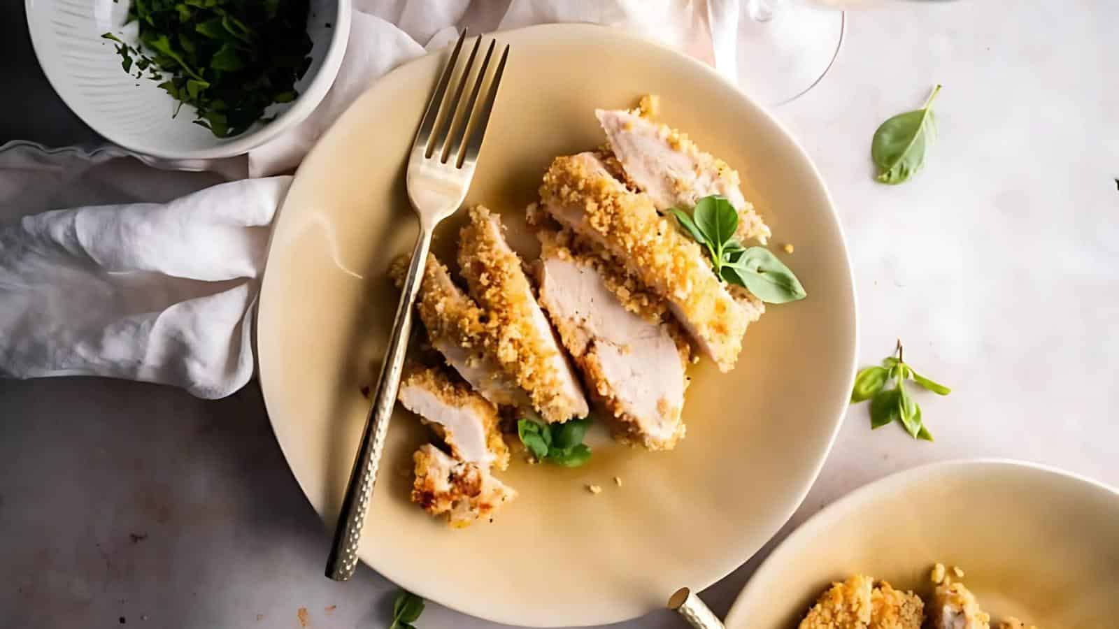 A plate with sliced breaded chicken garnished with fresh herbs, accompanied by a gold fork and some scattered basil leaves nearby.