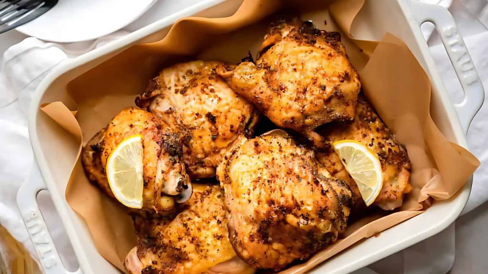 A baking dish filled with seasoned, baked chicken thighs garnished with lemon wedges, placed on parchment paper.