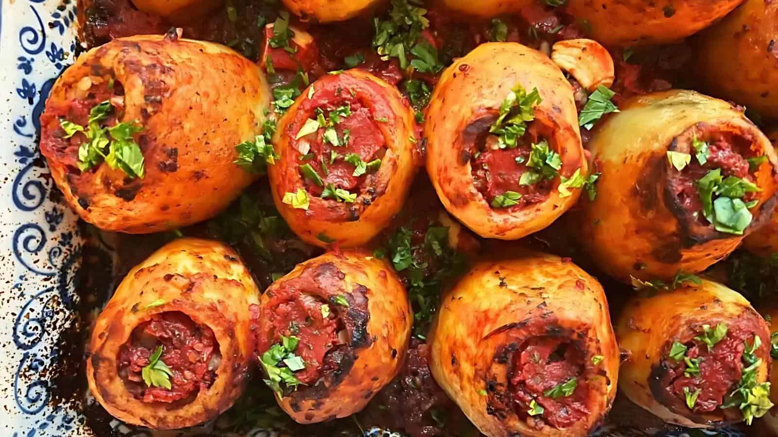 Close-up of baked stuffed potatoes filled with tomato sauce and herbs, garnished with chopped fresh parsley.
