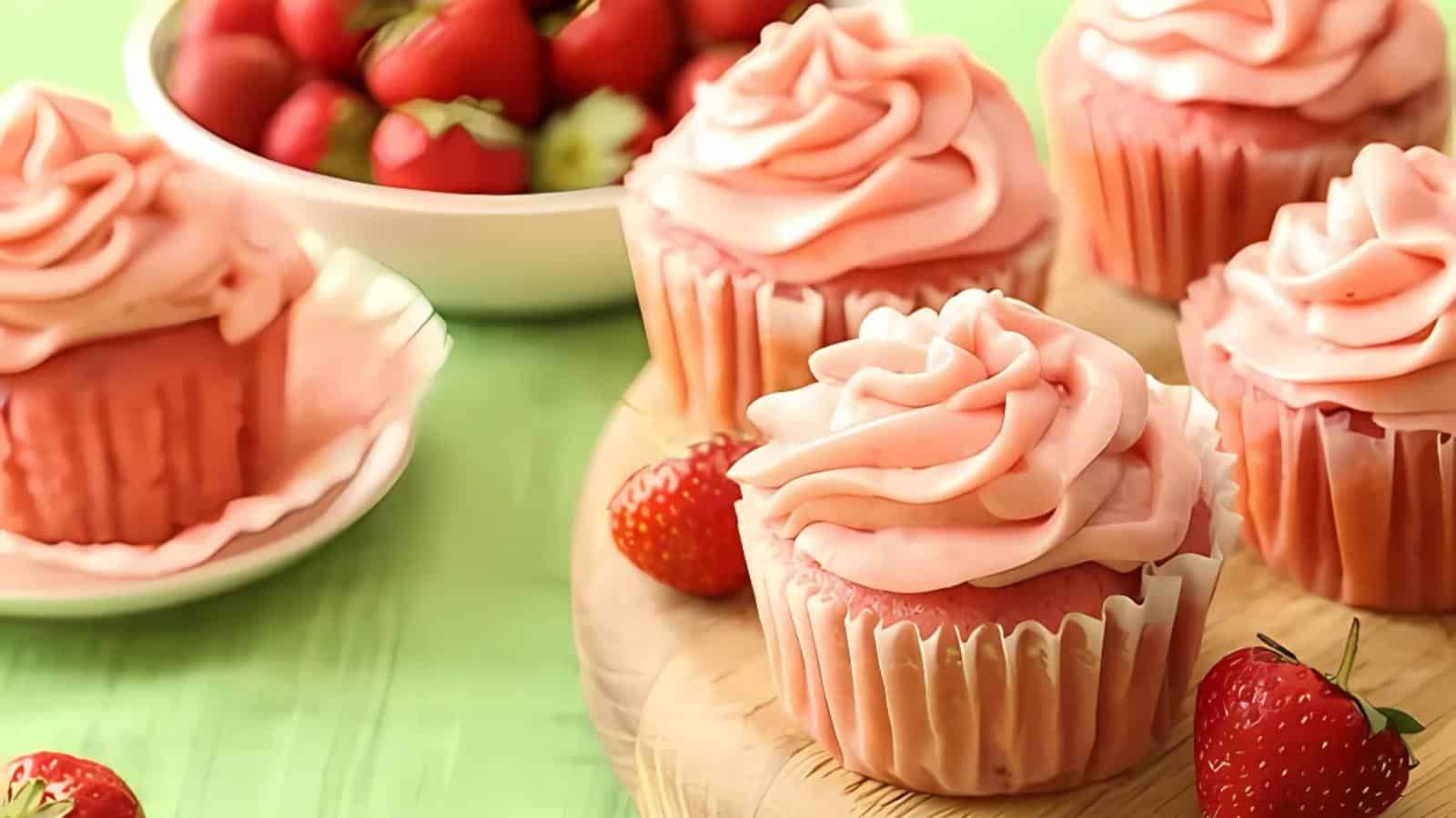 Four pink frosted cupcakes sit on a wooden board beside fresh strawberries, with a bowl of strawberries in the background on a green surface.