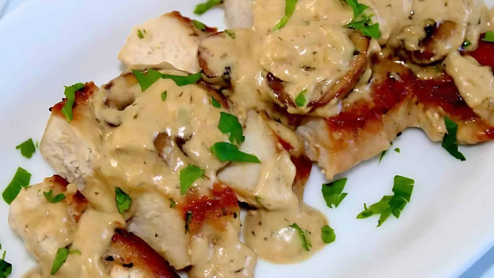 Sliced cooked chicken breast topped with a creamy mushroom sauce and garnished with chopped parsley on a white plate.