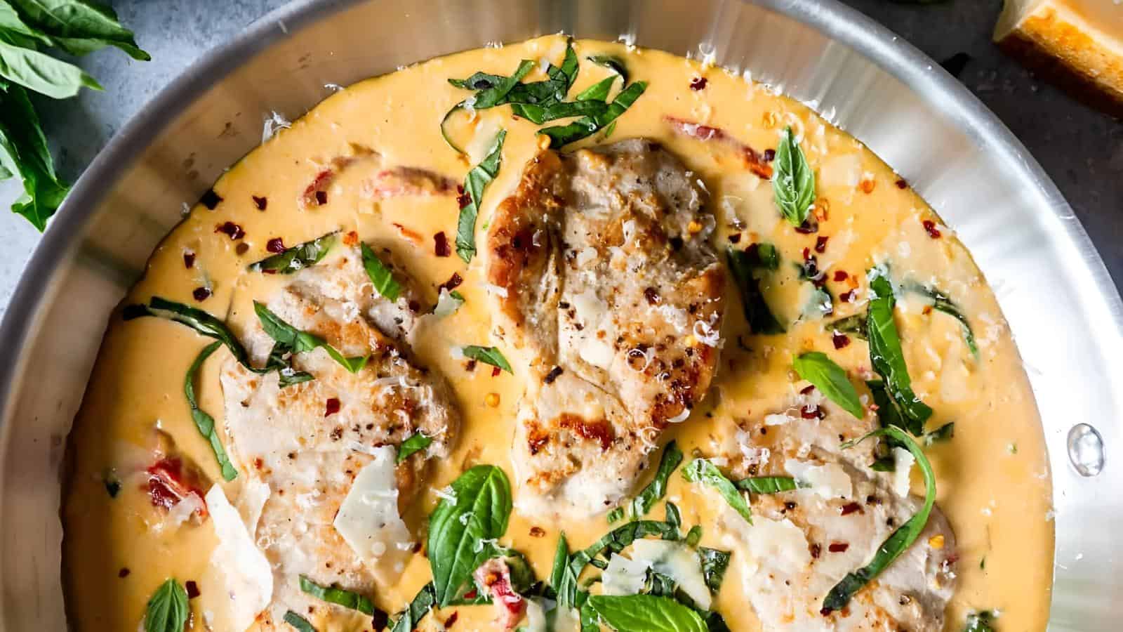 Chicken breasts cooked in a creamy sauce with spinach, sun-dried tomatoes, grated cheese, and basil leaves in a stainless steel skillet.