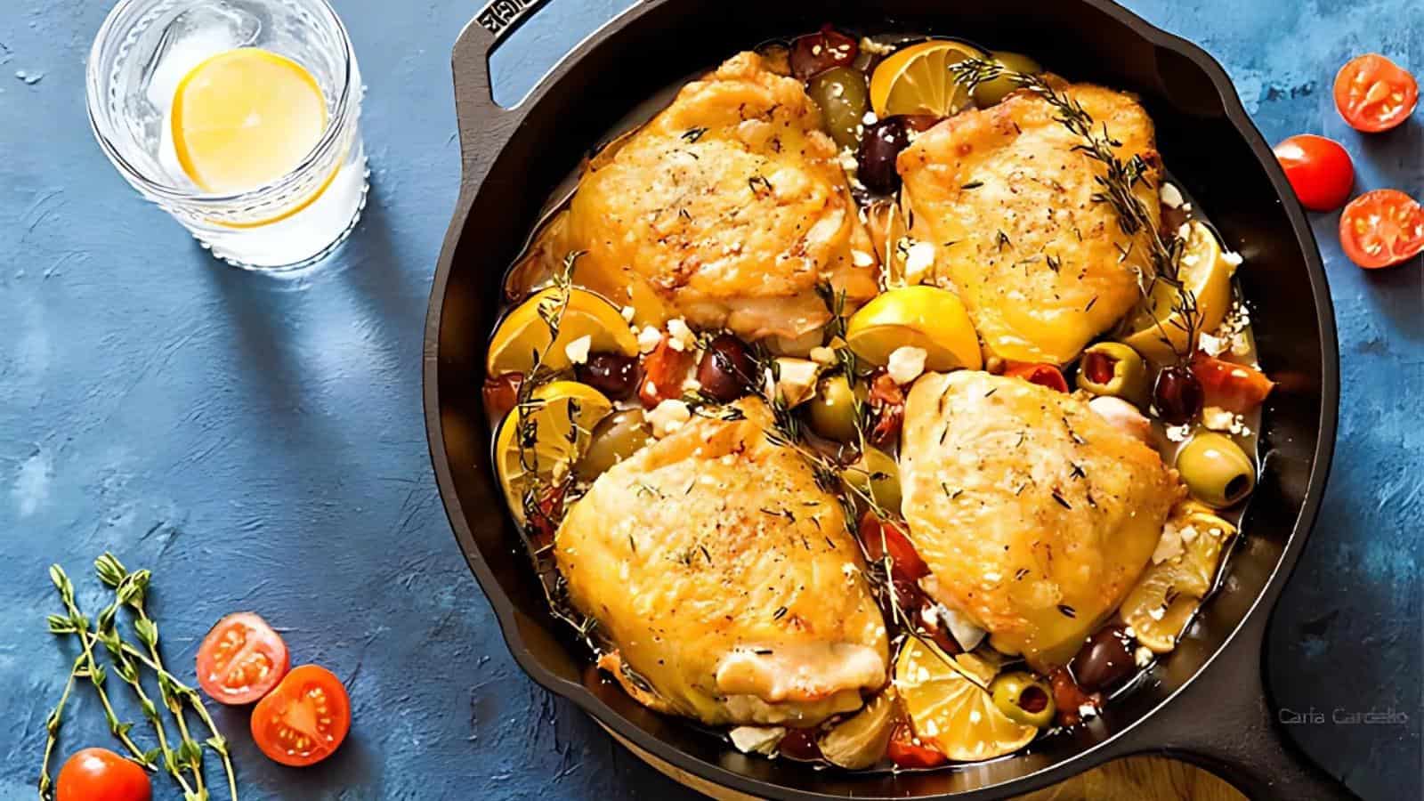 A cast iron skillet with baked chicken thighs, lemon slices, olives, tomatoes, thyme, and feta cheese sits on a blue table beside a glass of water and sliced cherry tomatoes.