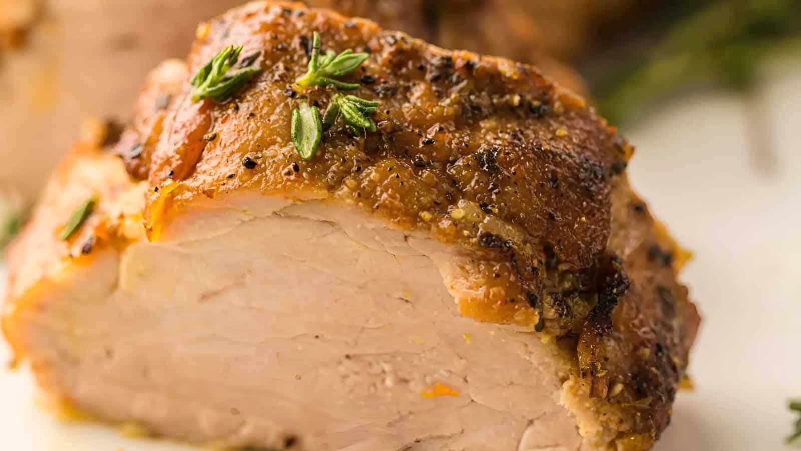 Close-up of a sliced, seasoned pork roast garnished with fresh herbs.
