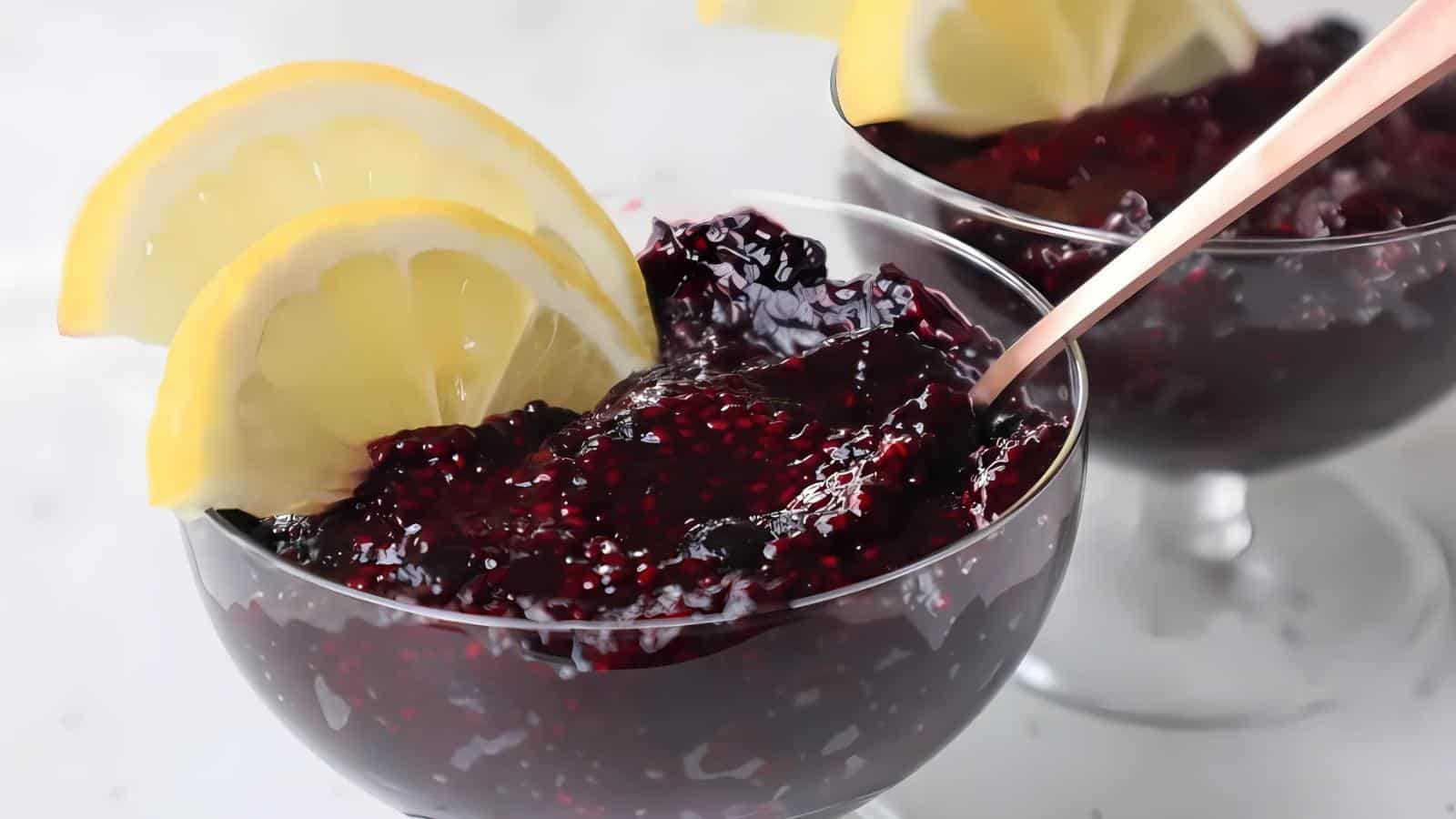 Two glass bowls filled with dark berry chia jam, each garnished with lemon slices; a spoon is placed in the front bowl.