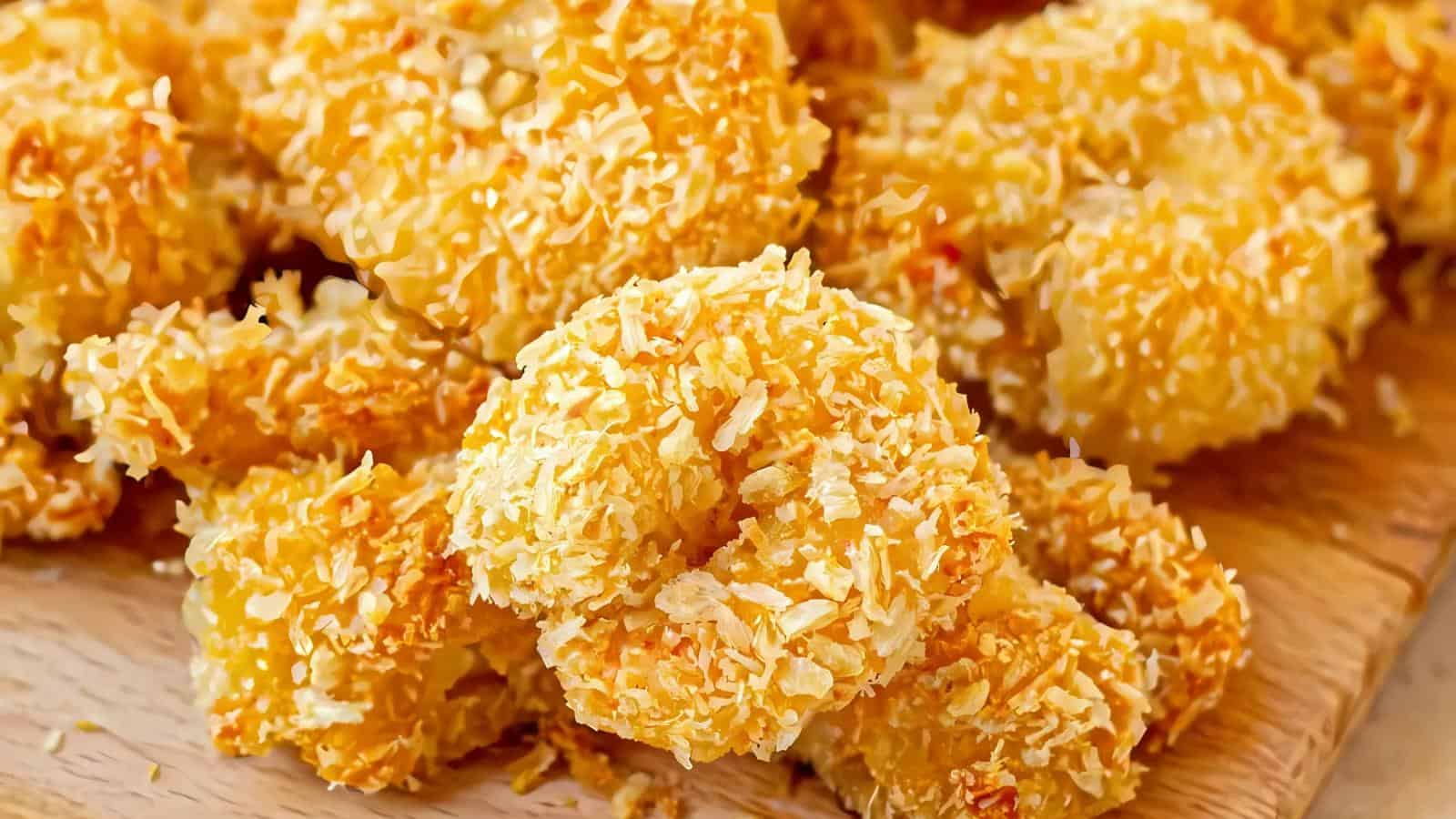 Close-up of several pieces of golden, breaded coconut shrimp on a wooden surface.