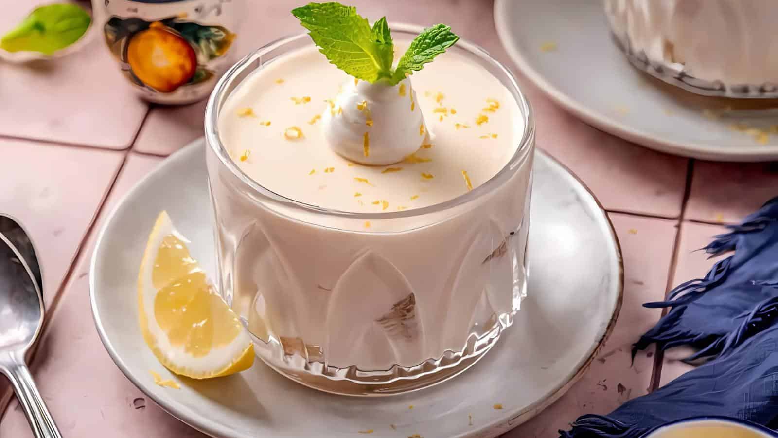 A glass dessert with creamy white mousse topped with a mint leaf, served on a white plate with a lemon wedge beside it.
