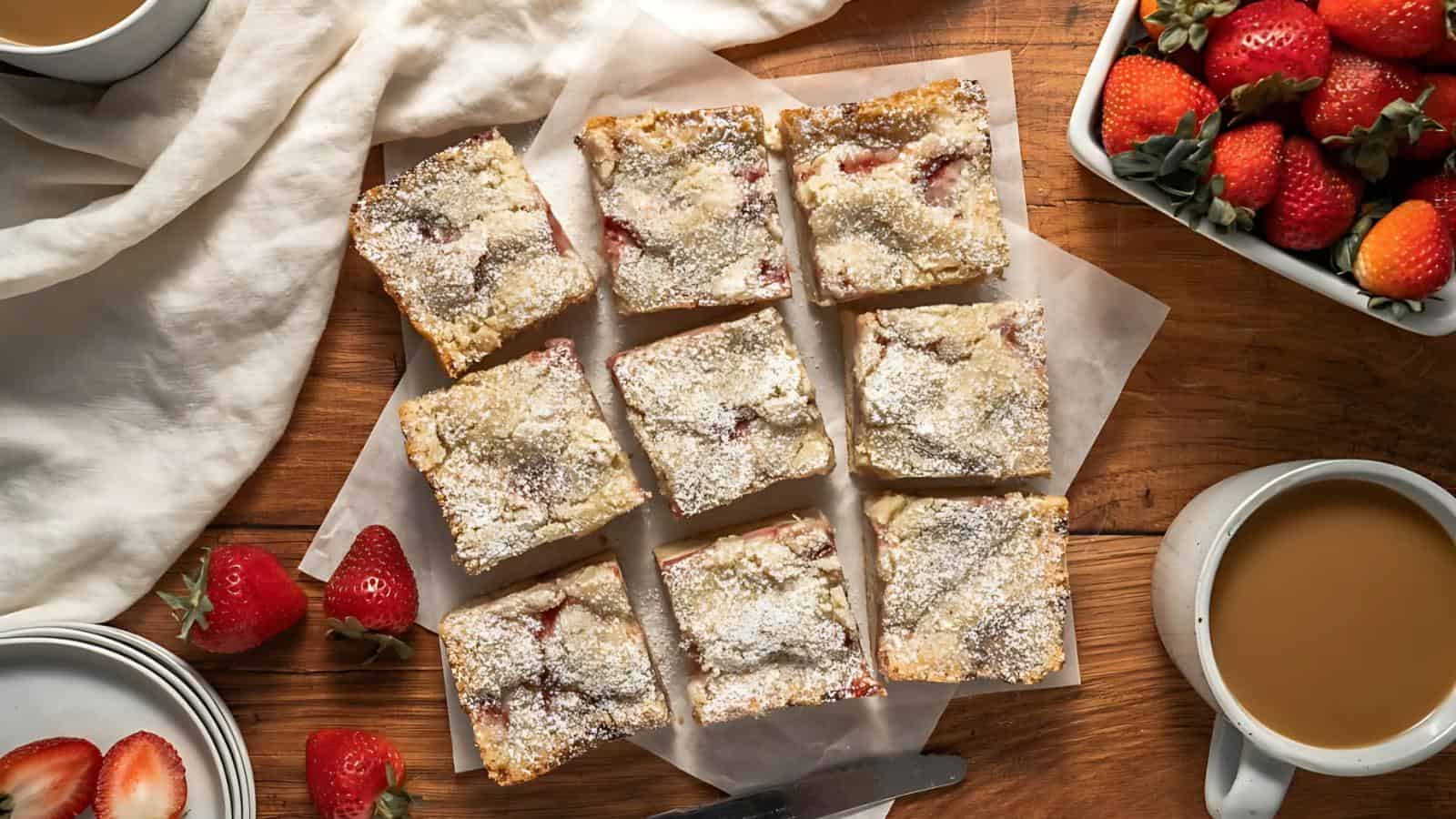 Nine strawberry crumb bars dusted with powdered sugar are arranged on parchment paper with fresh strawberries and cups of coffee nearby on a wooden surface.