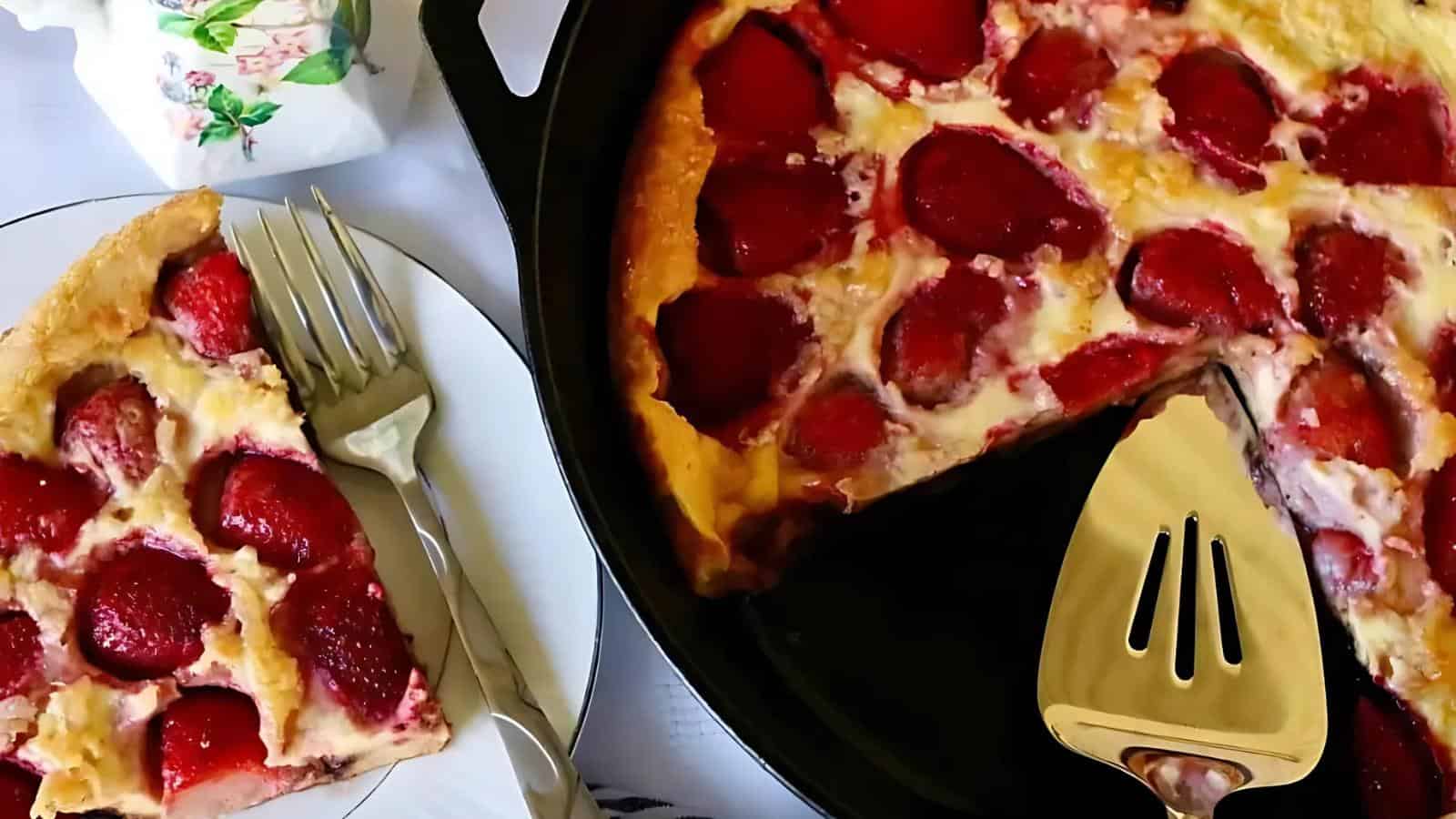 A baked strawberry dessert in a skillet with one slice served on a plate beside a fork and a pie server.