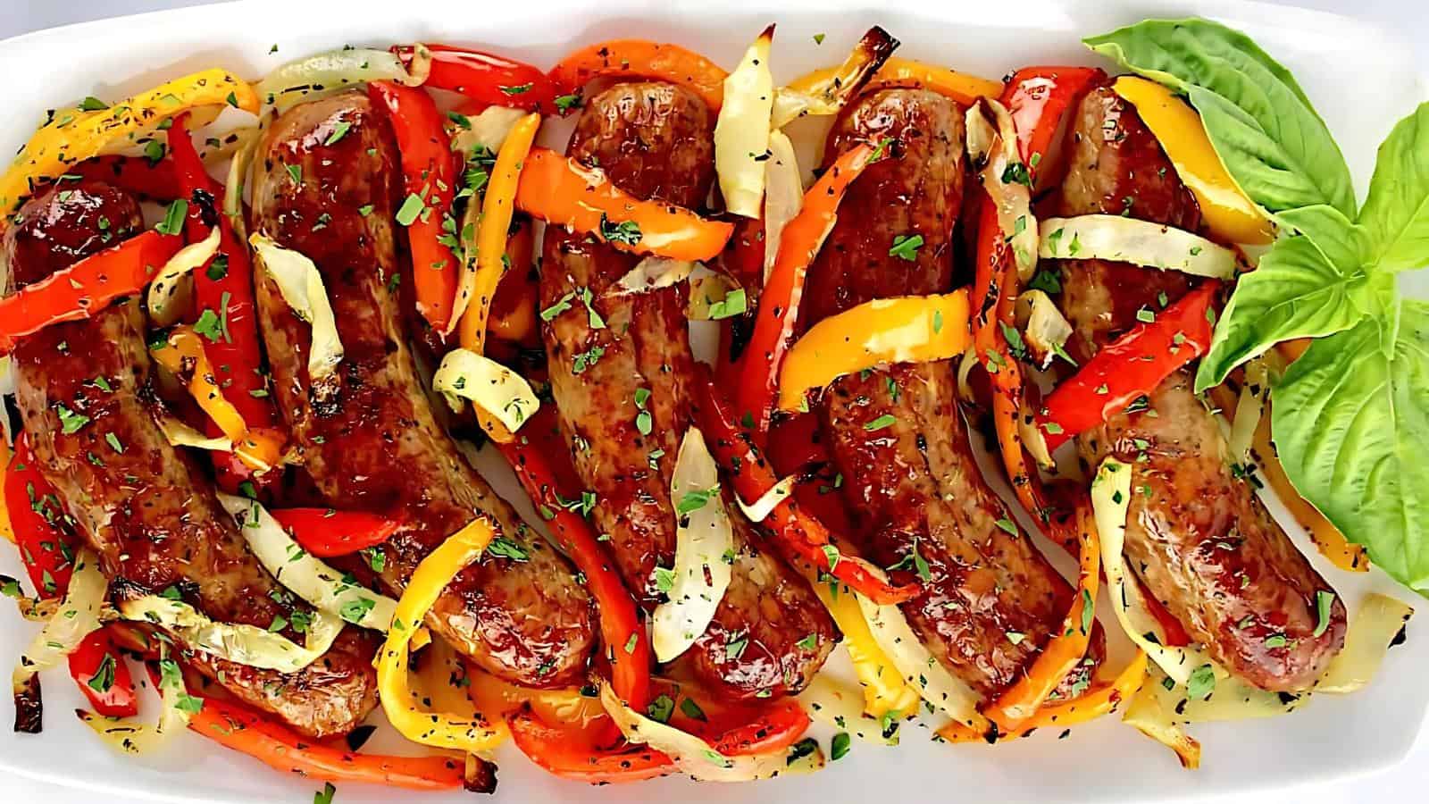 Four cooked sausages arranged on a platter with sliced red, yellow, and orange bell peppers, onions, herbs, and a sprig of fresh basil on the side.