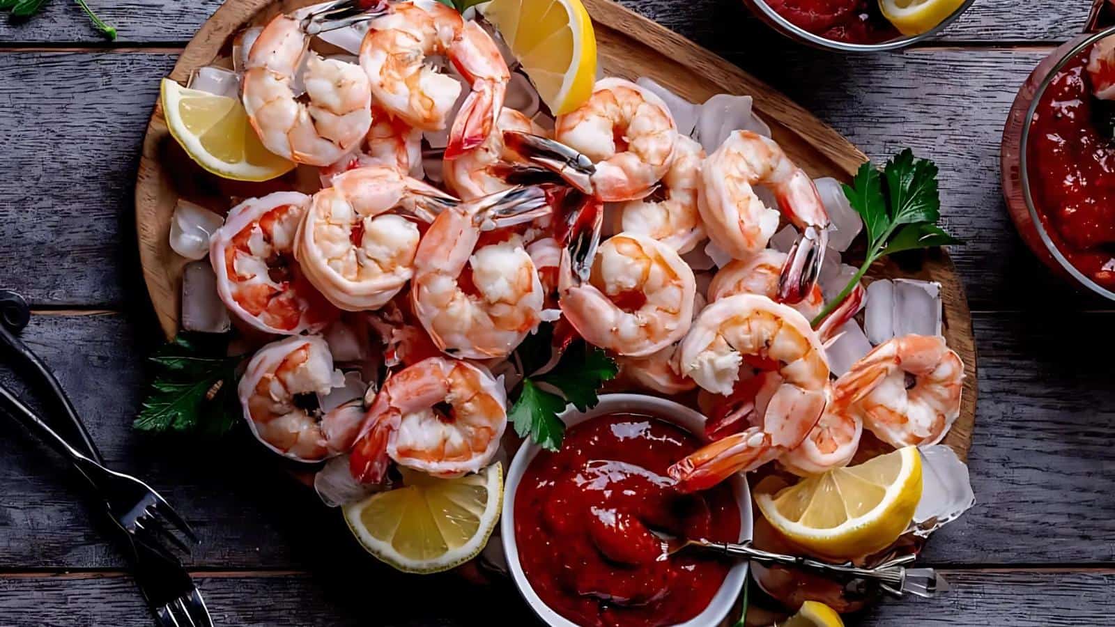 A platter of cooked shrimp on ice with lemon wedges and parsley, served with cocktail sauce in small bowls on a wooden surface.