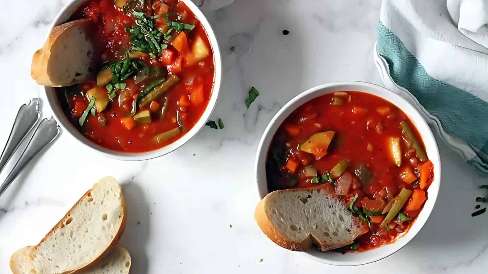 Two white bowls of vegetable soup with tomato base, each garnished with fresh herbs and a slice of bread, are placed on a marble surface with two more bread slices and silverware nearby.