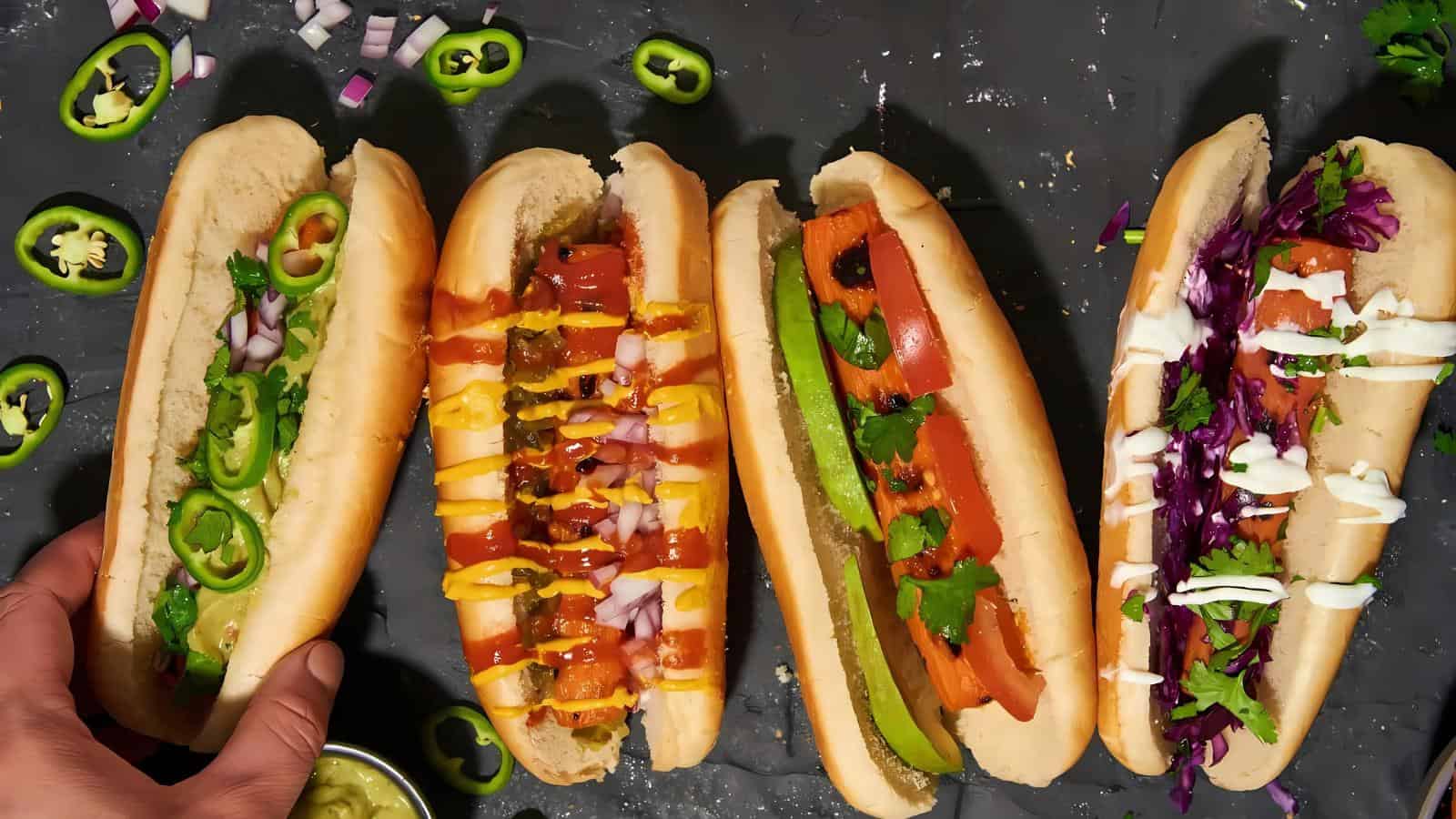 Four hot dogs in buns with various toppings including jalapeños, onions, ketchup, mustard, cilantro, pickles, red cabbage, and mayonnaise, on a dark surface. A hand holds one hot dog.