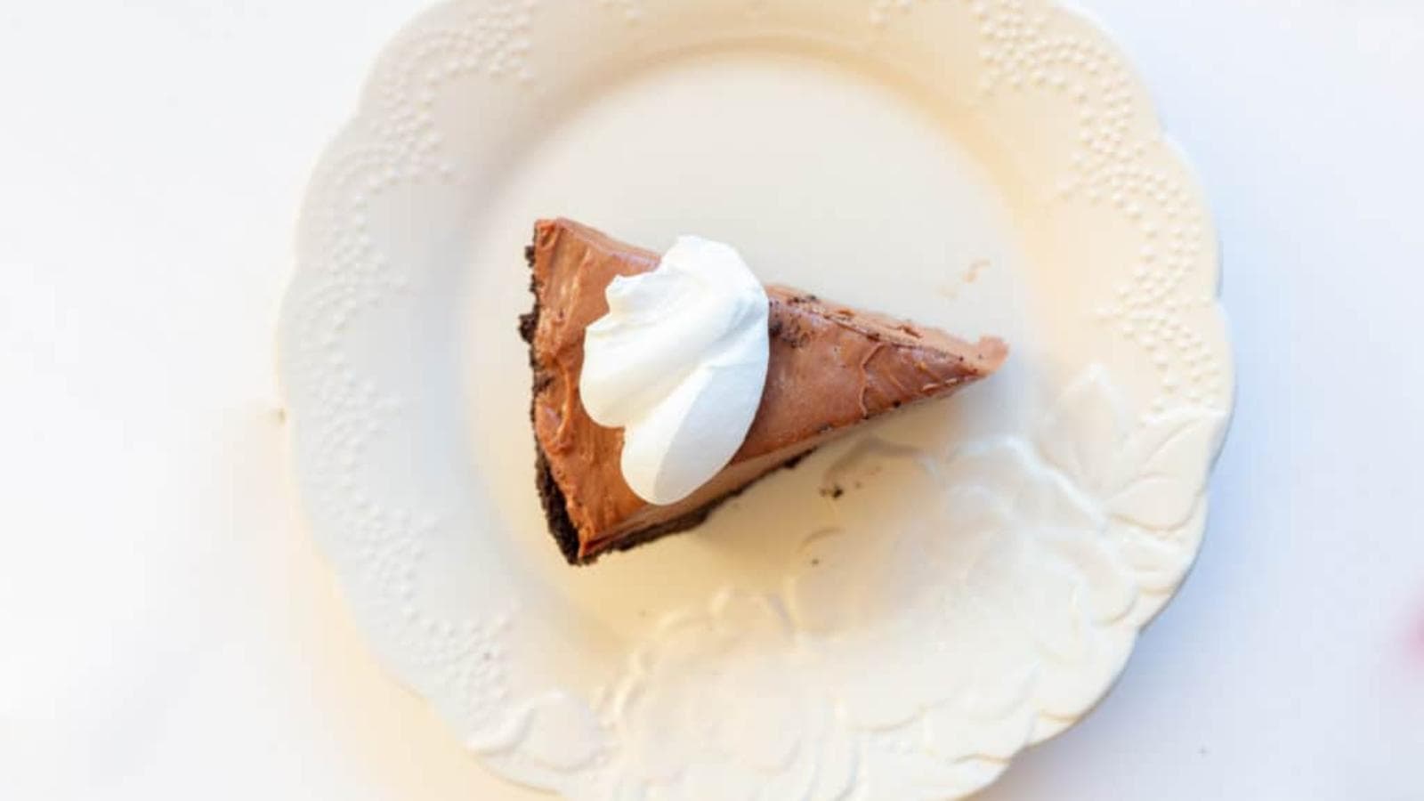 A slice of chocolate cake with a dollop of whipped cream on top, served on a white decorative plate.
