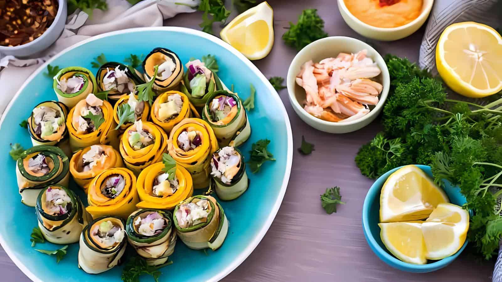 A blue plate with assorted vegetable rolls, surrounded by lemon wedges, herbs, a bowl of shredded meat, and a small bowl of orange dipping sauce.