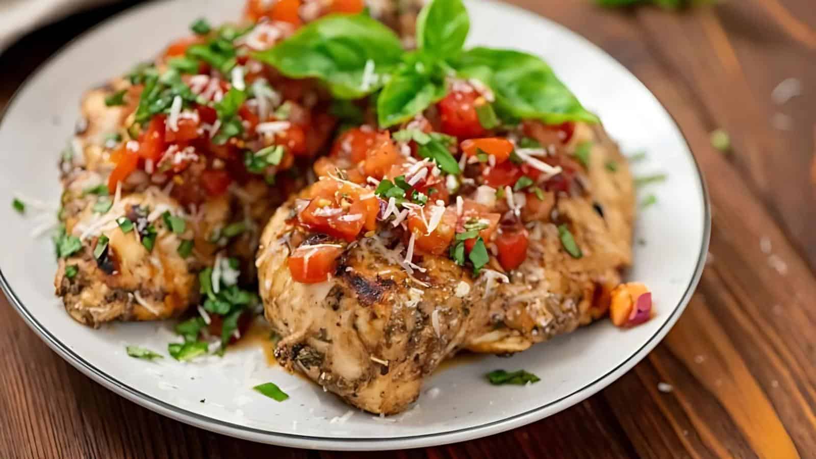 Grilled chicken breasts topped with chopped tomatoes, herbs, and grated cheese, garnished with basil, served on a white plate.