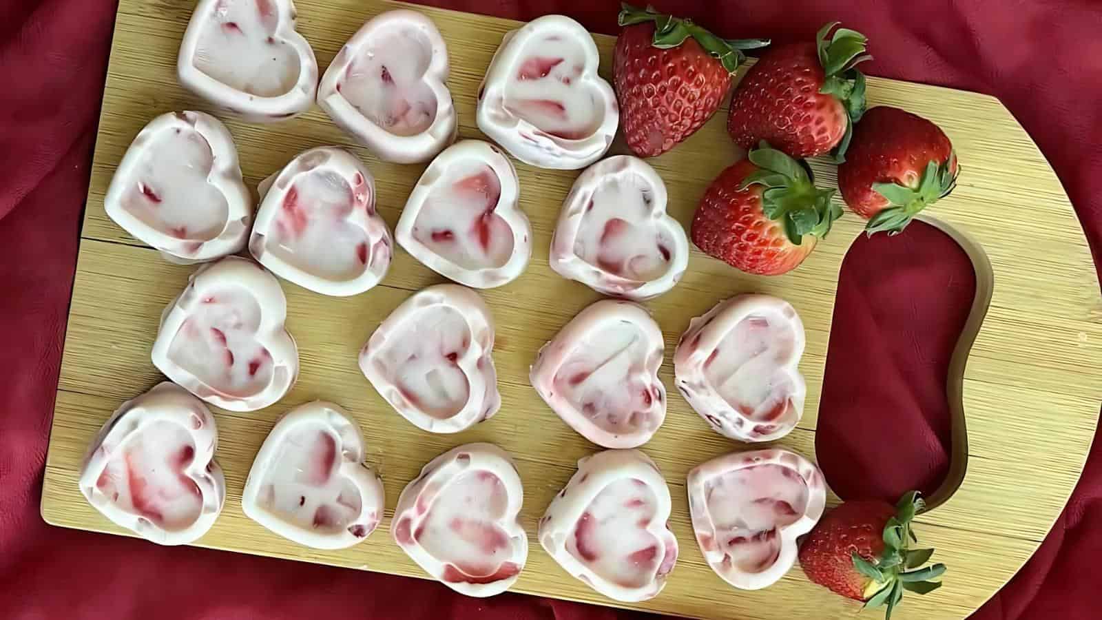 Heart-shaped yogurt and strawberry bites arranged on a wooden board, with fresh strawberries placed nearby on a red background.