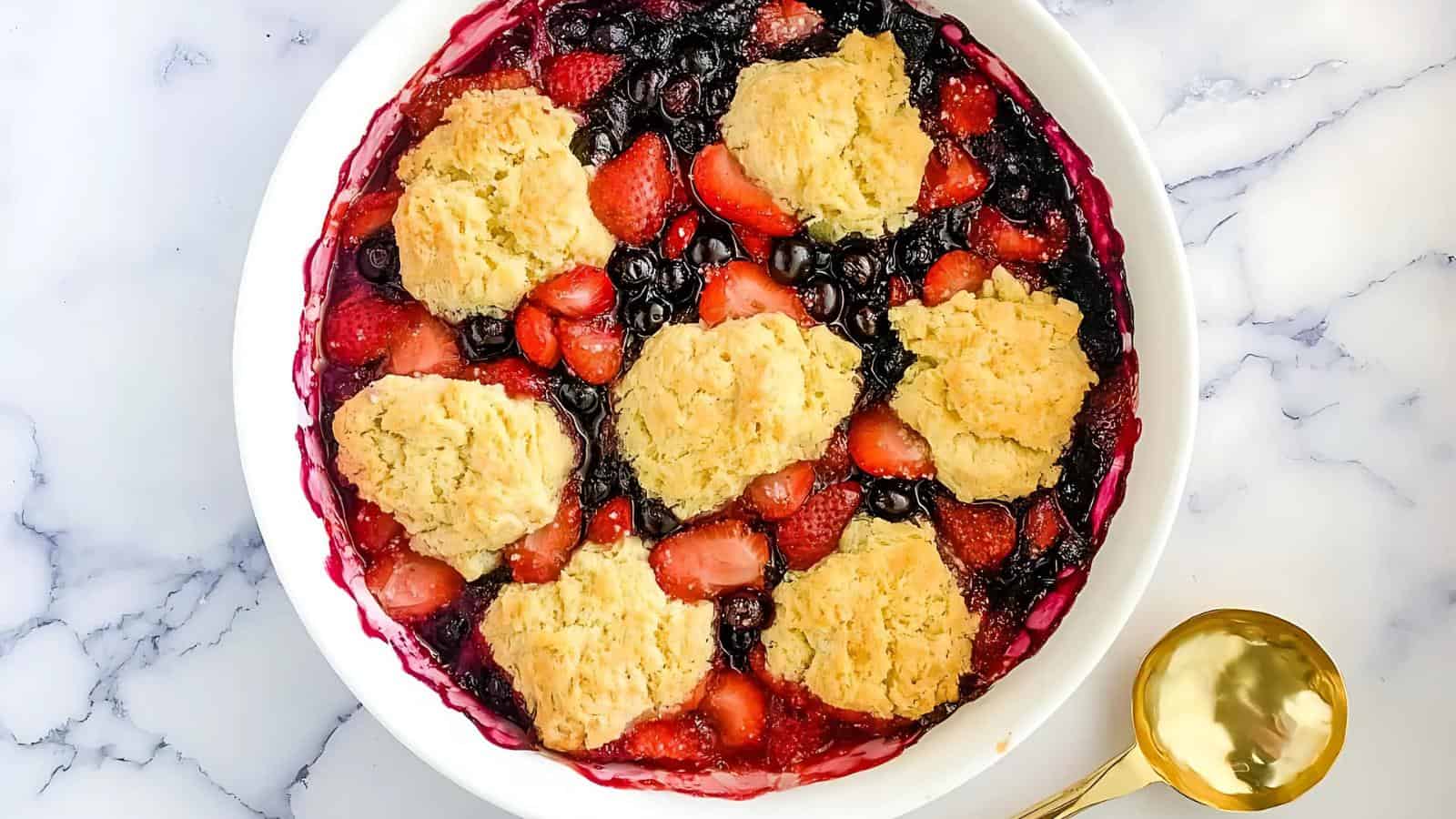 A round baking dish filled with baked mixed berries and topped with six golden biscuit dollops, placed on a white marble surface with a gold spoon beside it.