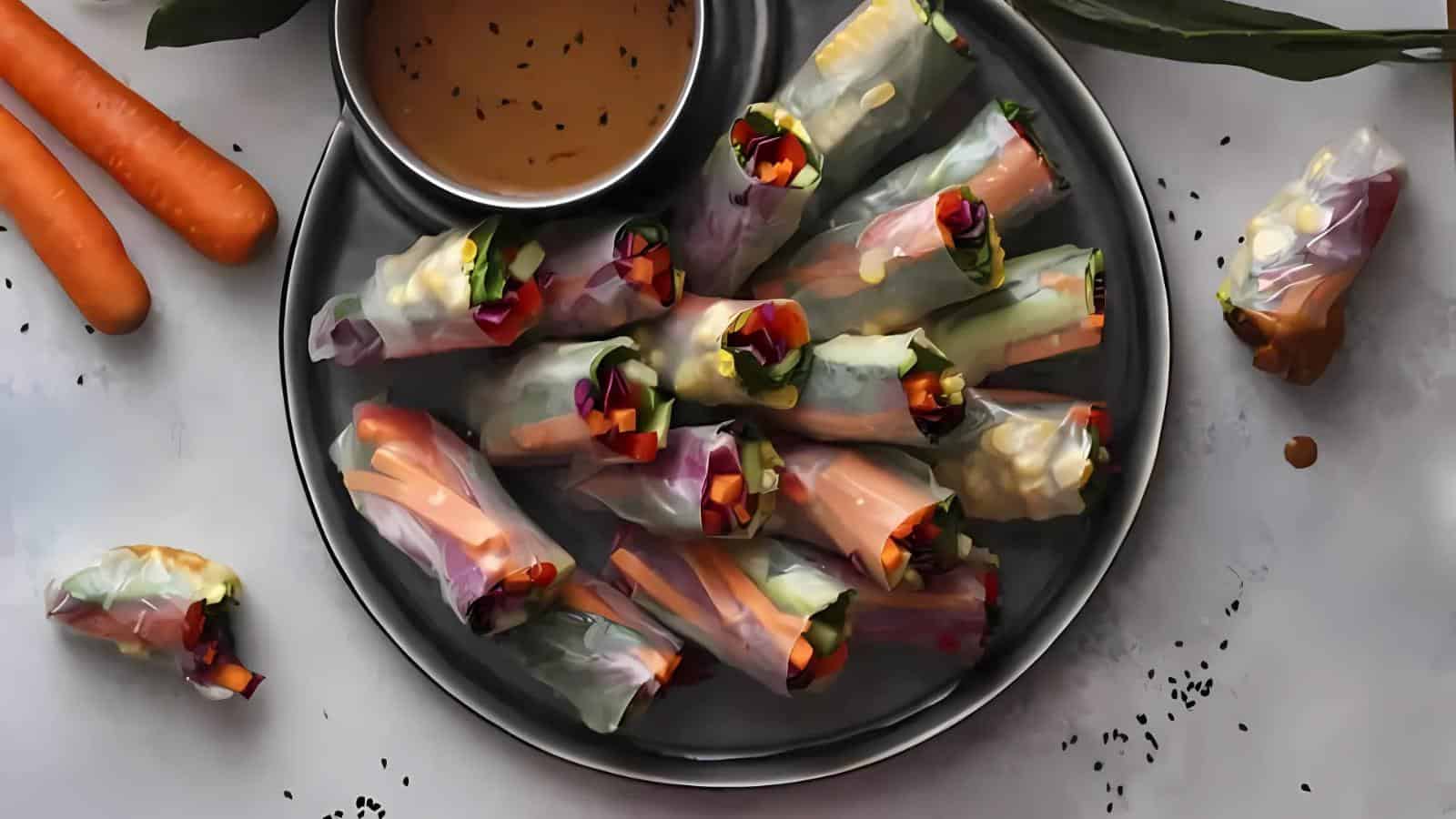 A plate of fresh vegetable spring rolls with a bowl of dipping sauce, surrounded by carrots and scattered black sesame seeds.