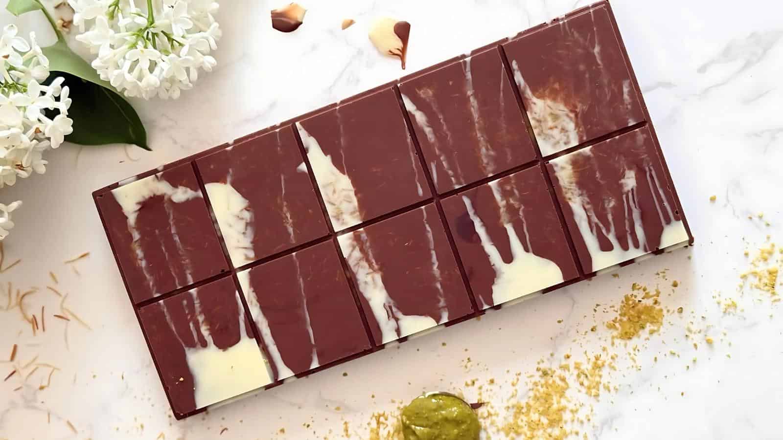 A chocolate bar with white chocolate marble pattern, divided into ten segments, rests on a white marble surface near white flowers and scattered crumbs.