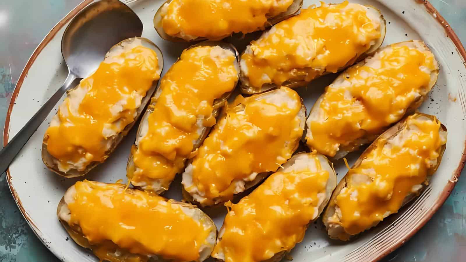 A plate of baked potato halves topped with melted cheddar cheese, with a large serving spoon on the side.