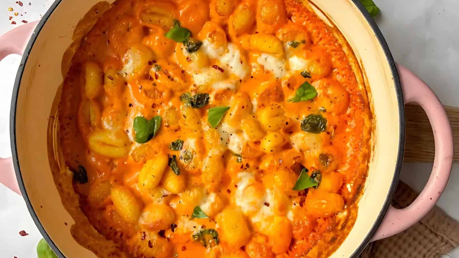 Baked gnocchi in a creamy tomato sauce, topped with melted cheese, fresh basil, and red pepper flakes in a round baking dish.