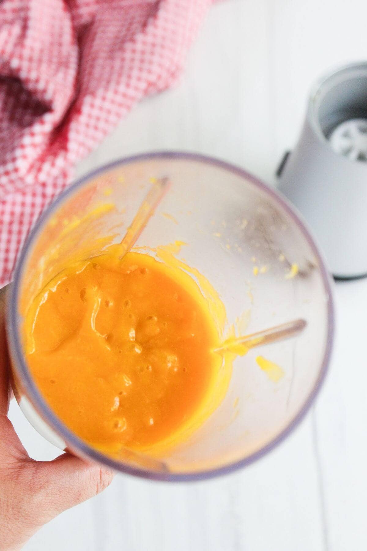 A hand holds a blender cup filled with thick orange puree; a blender base and red checkered cloth are visible in the background.