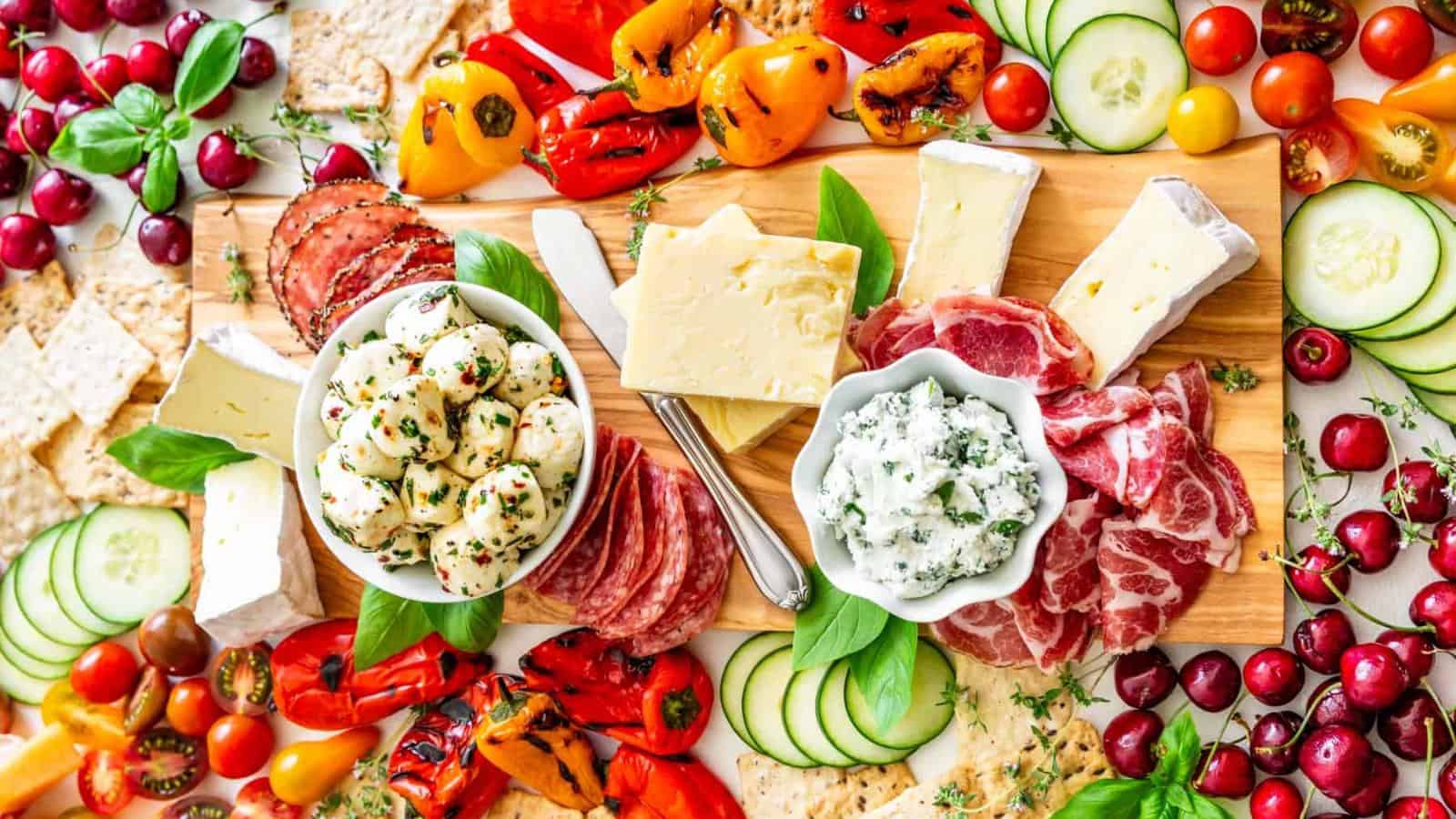 A charcuterie board with assorted cheeses, cured meats, marinated mozzarella, crackers, sliced cucumber, cherry tomatoes, roasted peppers, fresh herbs, and cherries.