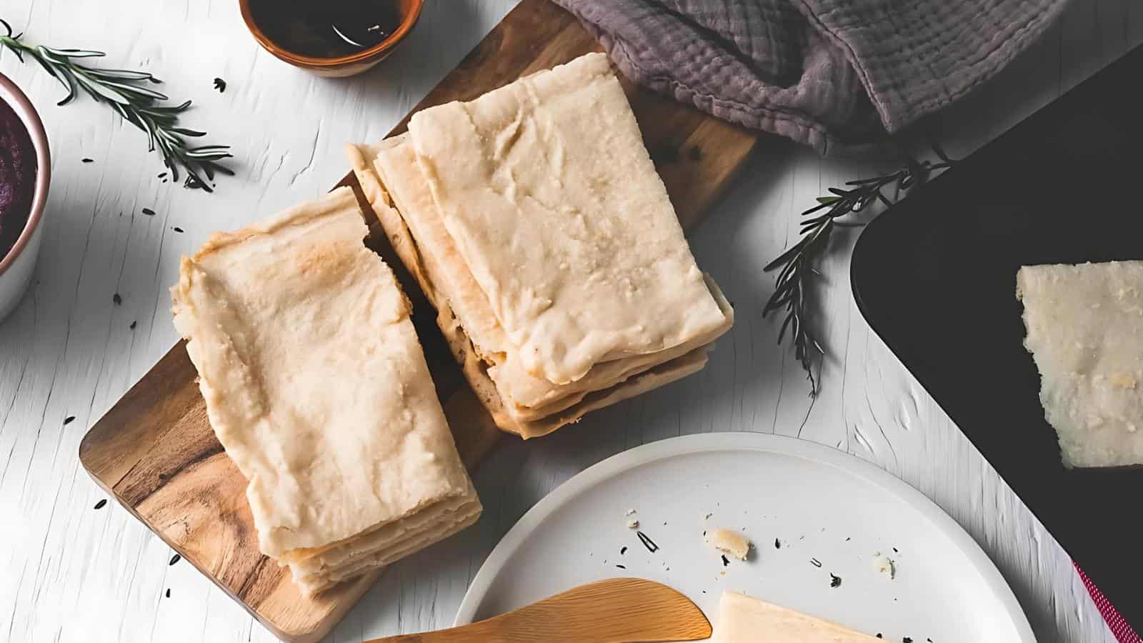 Several rectangular sheets of uncooked pastry dough are stacked on a wooden board, surrounded by kitchenware and herbs on a white surface.