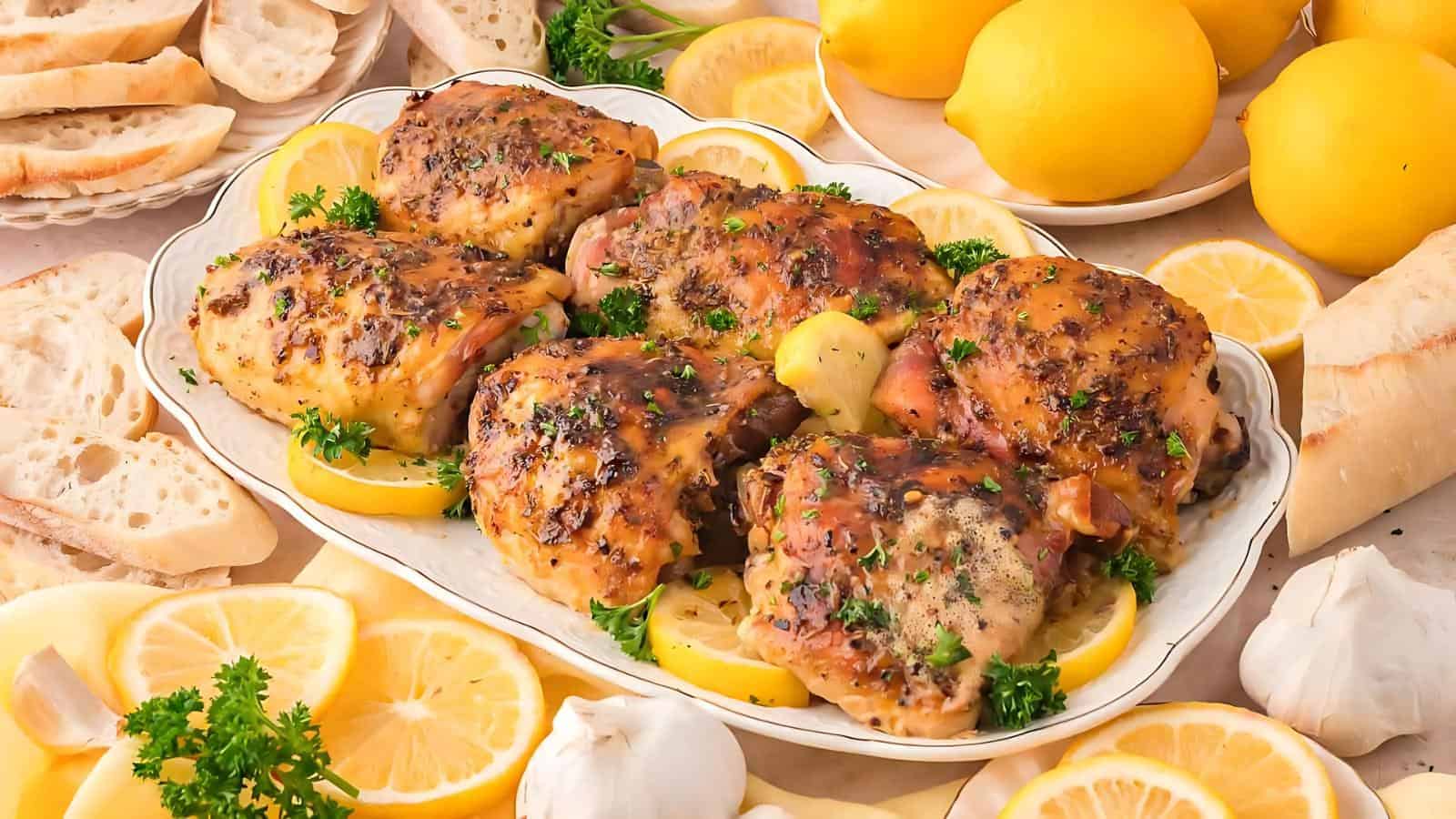 A platter of roasted chicken thighs garnished with parsley and lemon slices, surrounded by bread, lemons, and garlic cloves.