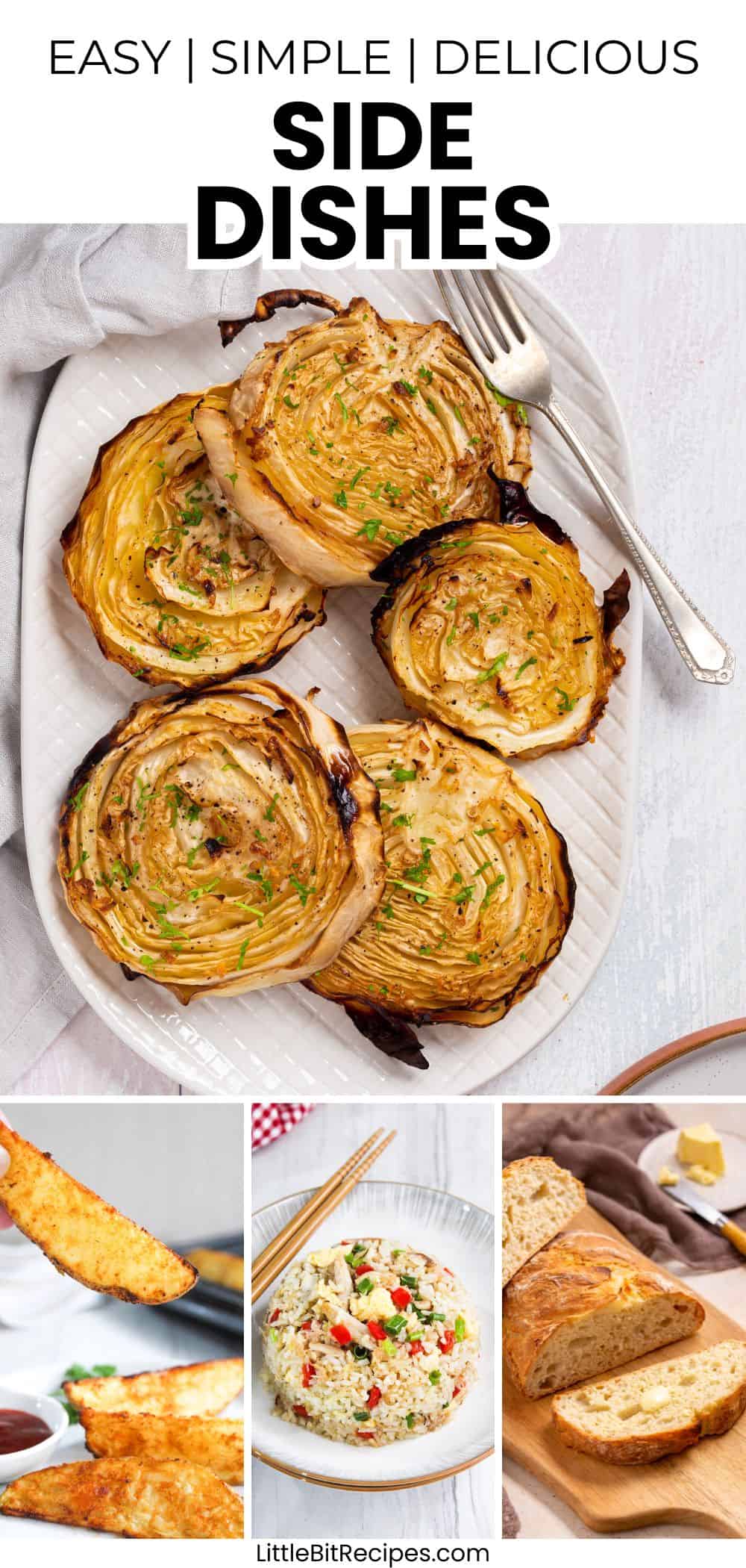 A platter of roasted cabbage steaks, breaded chicken tenders, couscous salad, and sliced bread—these easy sides that save you on busy weeknights are all presented as delicious accompaniments.