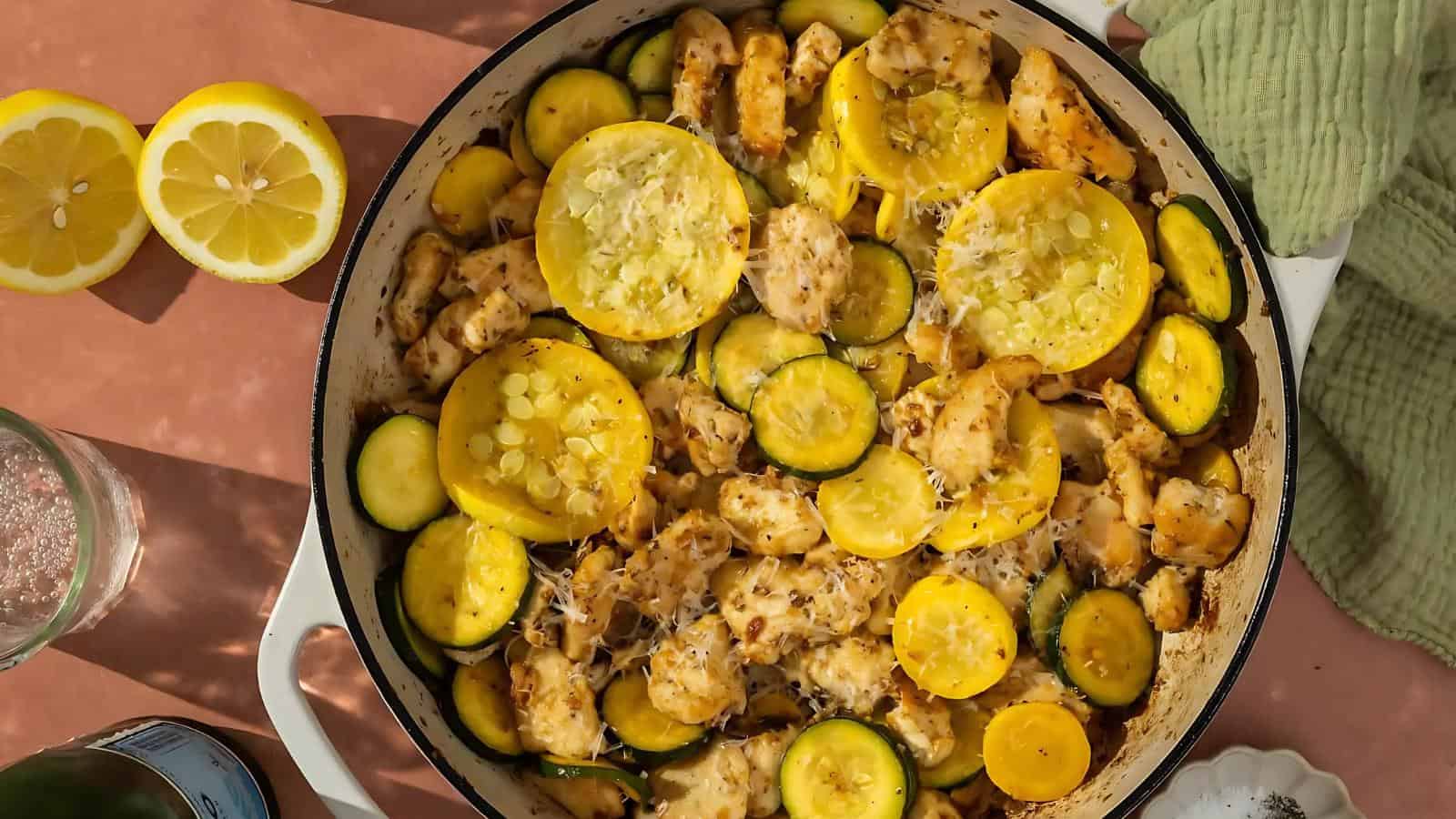 A skillet filled with cooked chicken pieces, yellow squash, and zucchini slices, topped with grated cheese. Two lemon halves are nearby on the table.