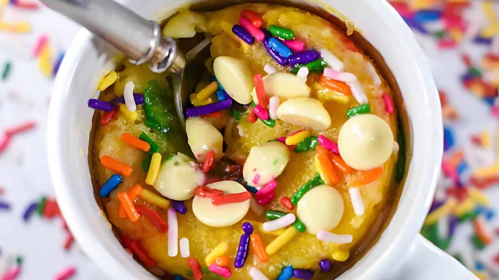 A mug cake topped with white chocolate chips and colorful sprinkles, with a spoon inserted into the cake.