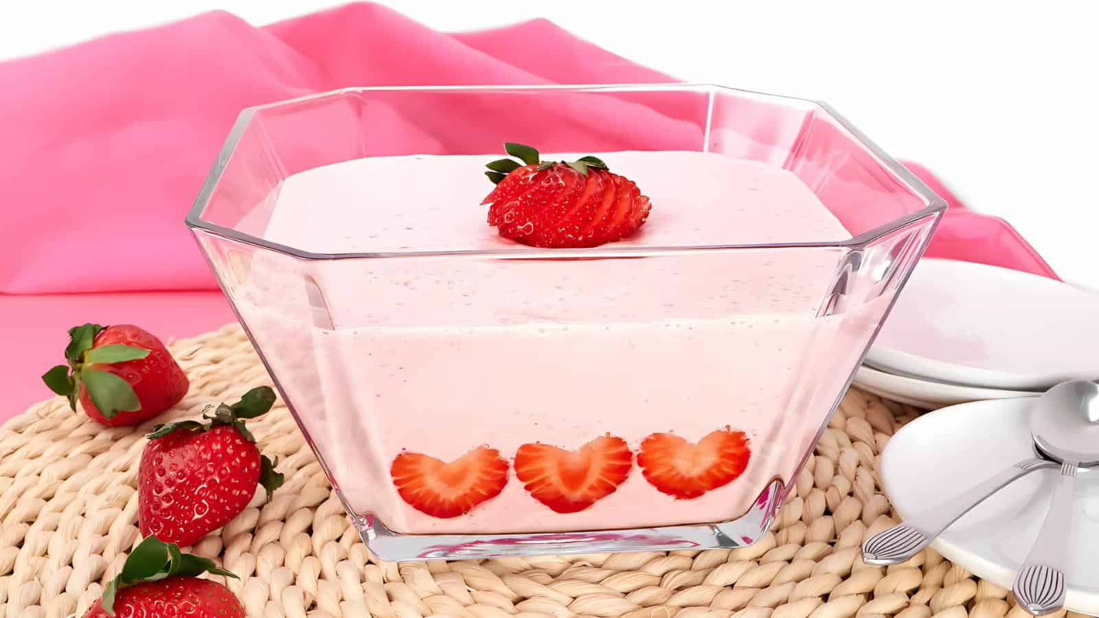 A glass bowl of pink strawberry mousse is garnished with whole and sliced strawberries, set on a woven mat with fresh strawberries, plates, and spoons nearby.