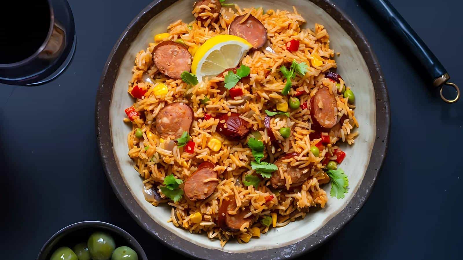 A bowl of seasoned rice with sliced sausage, corn, peas, red peppers, cilantro, and a lemon wedge, served on a dark table with a fork and a small bowl of green olives nearby.