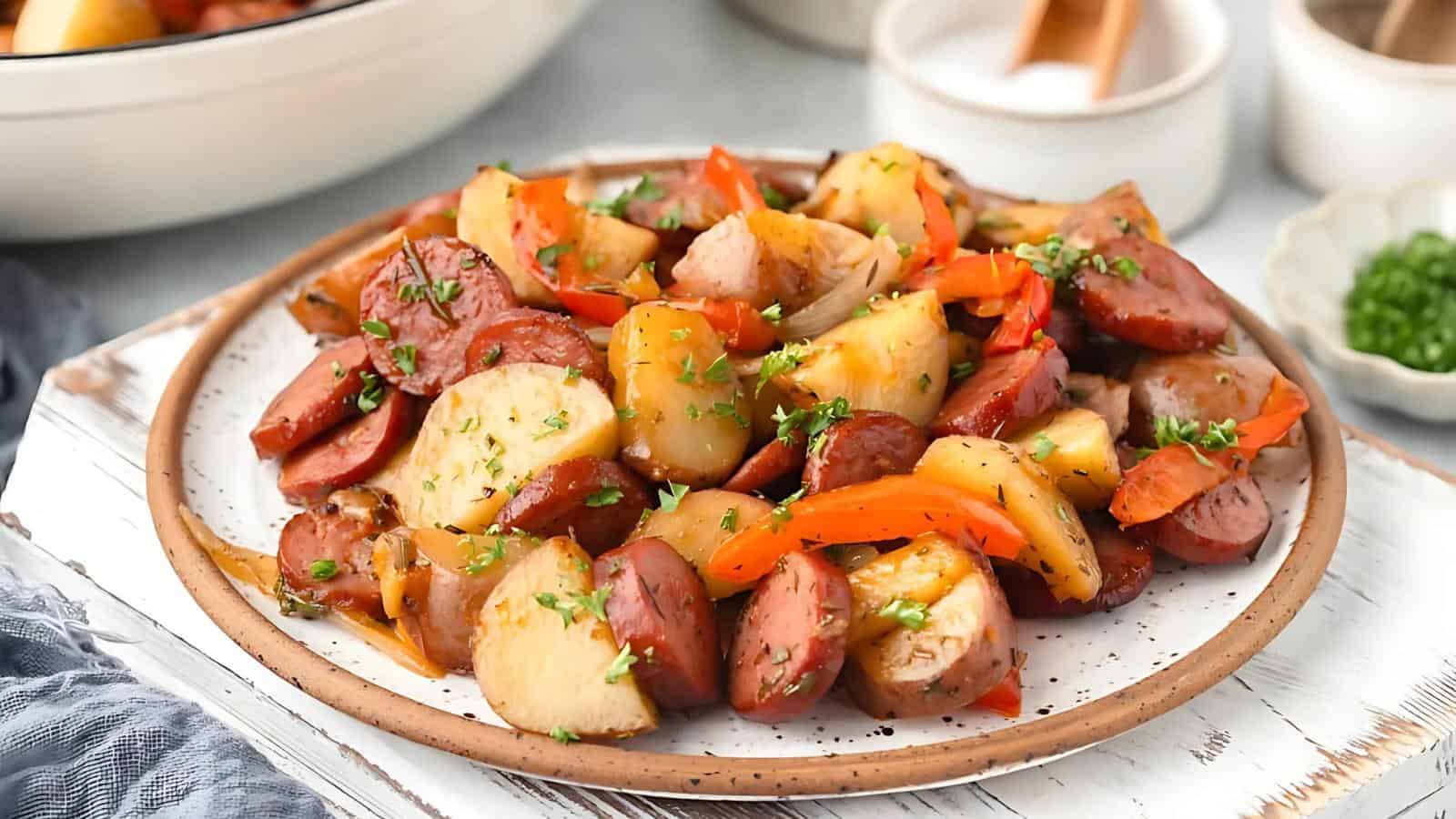 A plate of roasted sausage, potatoes, onions, and bell peppers garnished with chopped herbs.