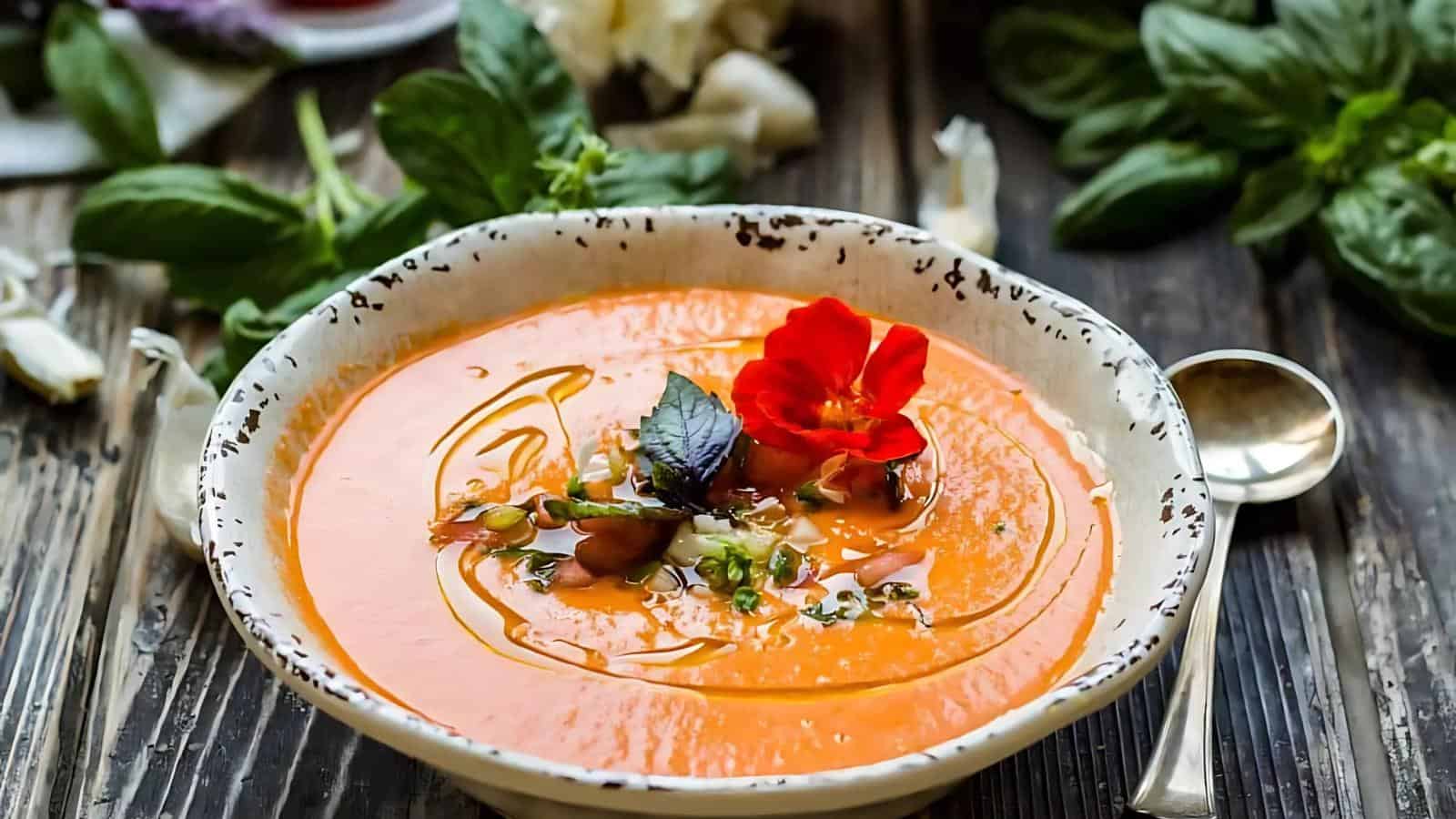 A bowl of creamy tomato soup garnished with herbs, seeds, a drizzle of oil, and an edible red flower, with a spoon and fresh greens in the background.