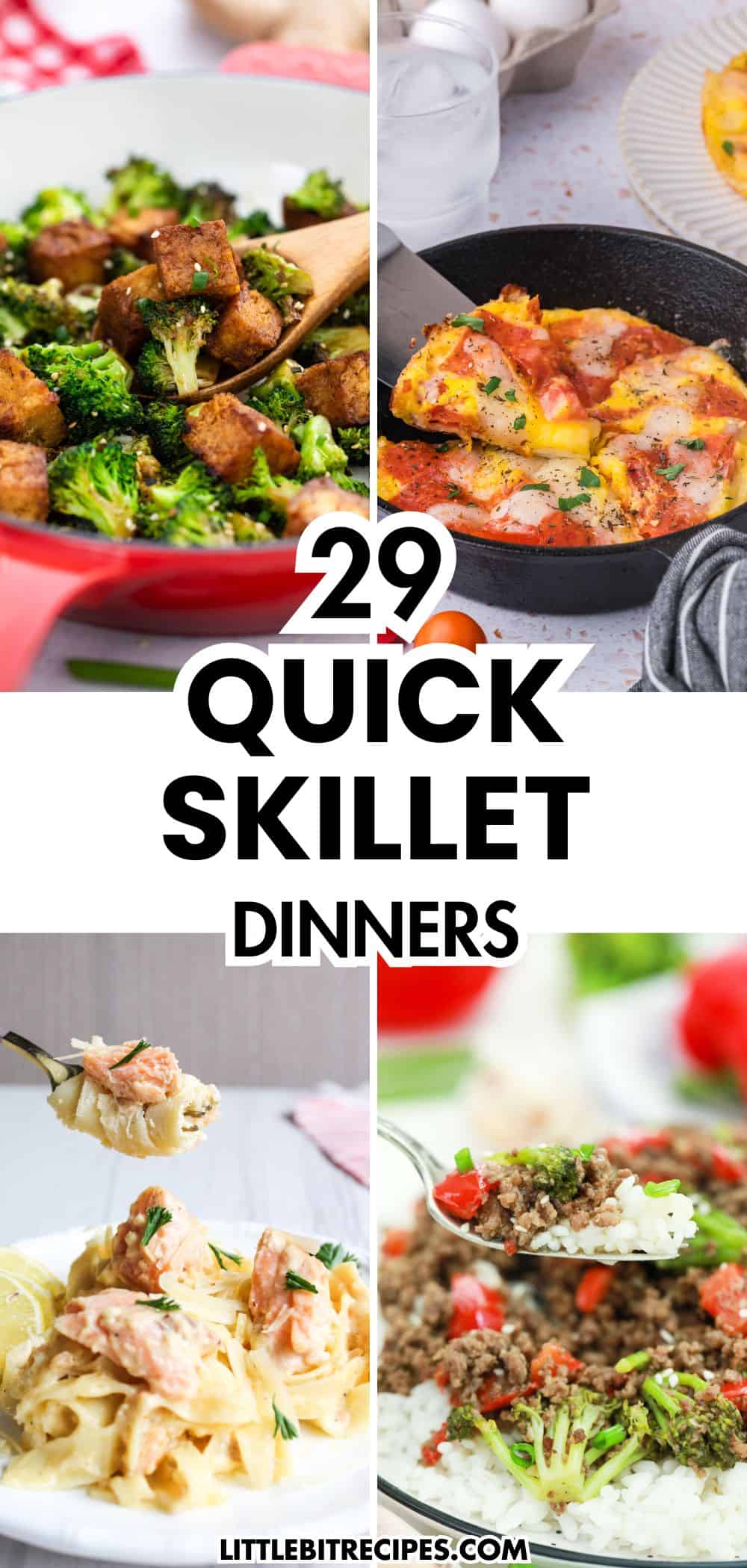 A collage of four different skillet dinners—broccoli with tofu, a tomato omelette, creamy chicken pasta, and ground beef with rice—showcases 29 quick skillet dinners that save you from the sink.