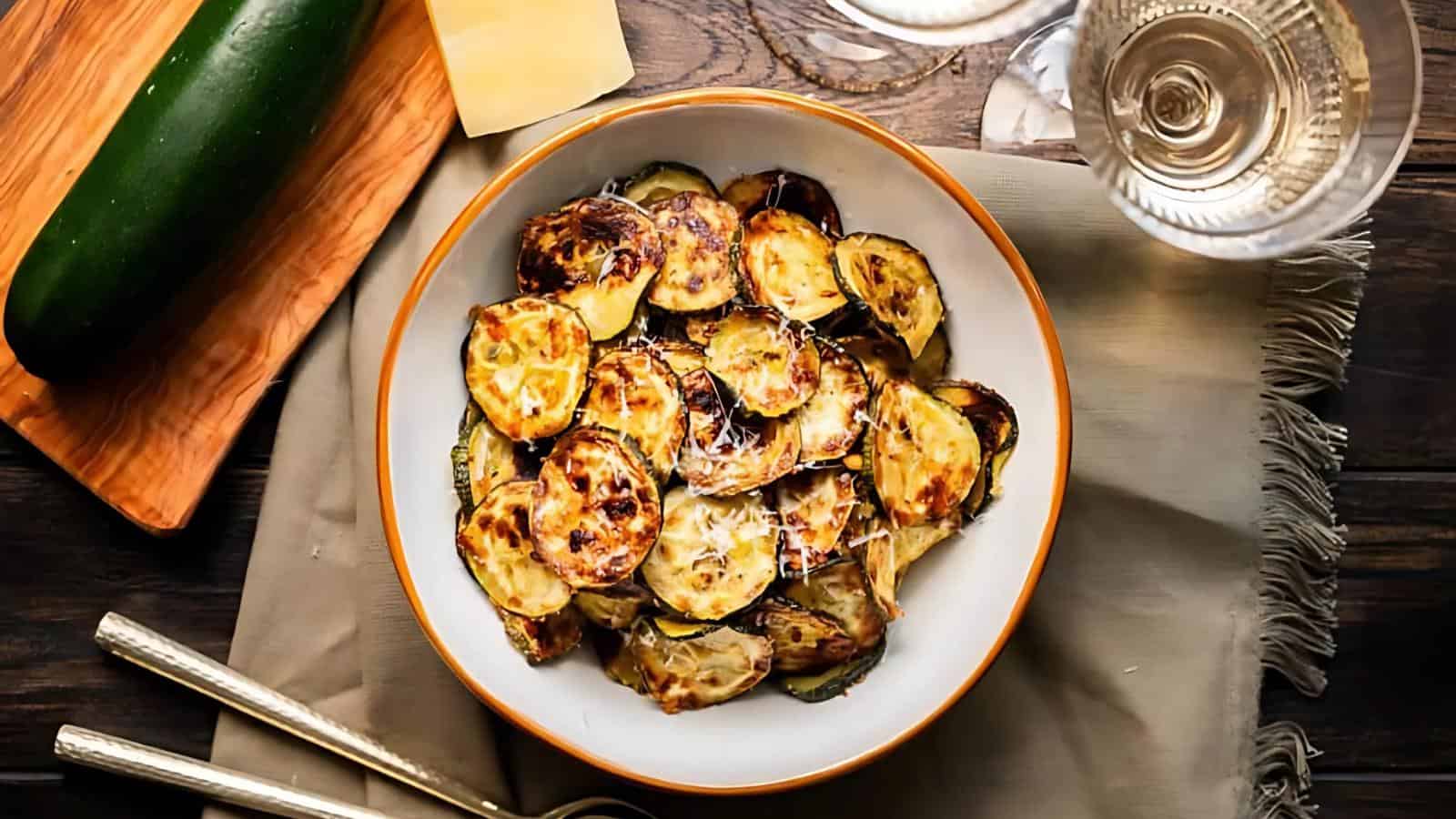 A bowl of roasted zucchini slices topped with grated cheese sits on a cloth napkin beside spoons, a glass of white wine, and a whole zucchini on a cutting board.
