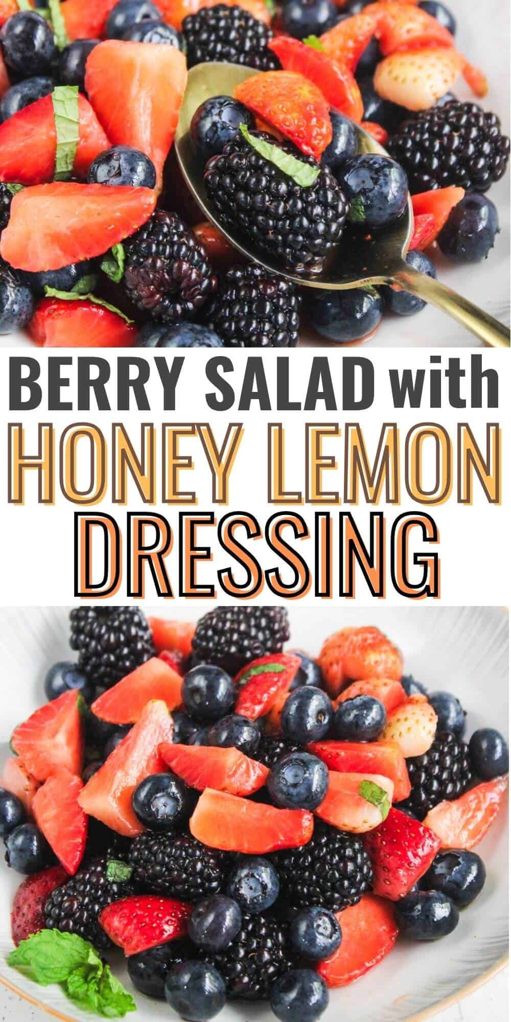 A bowl of mixed berry salad with strawberries, blackberries, and blueberries, topped with honey lemon dressing and garnished with a mint leaf.