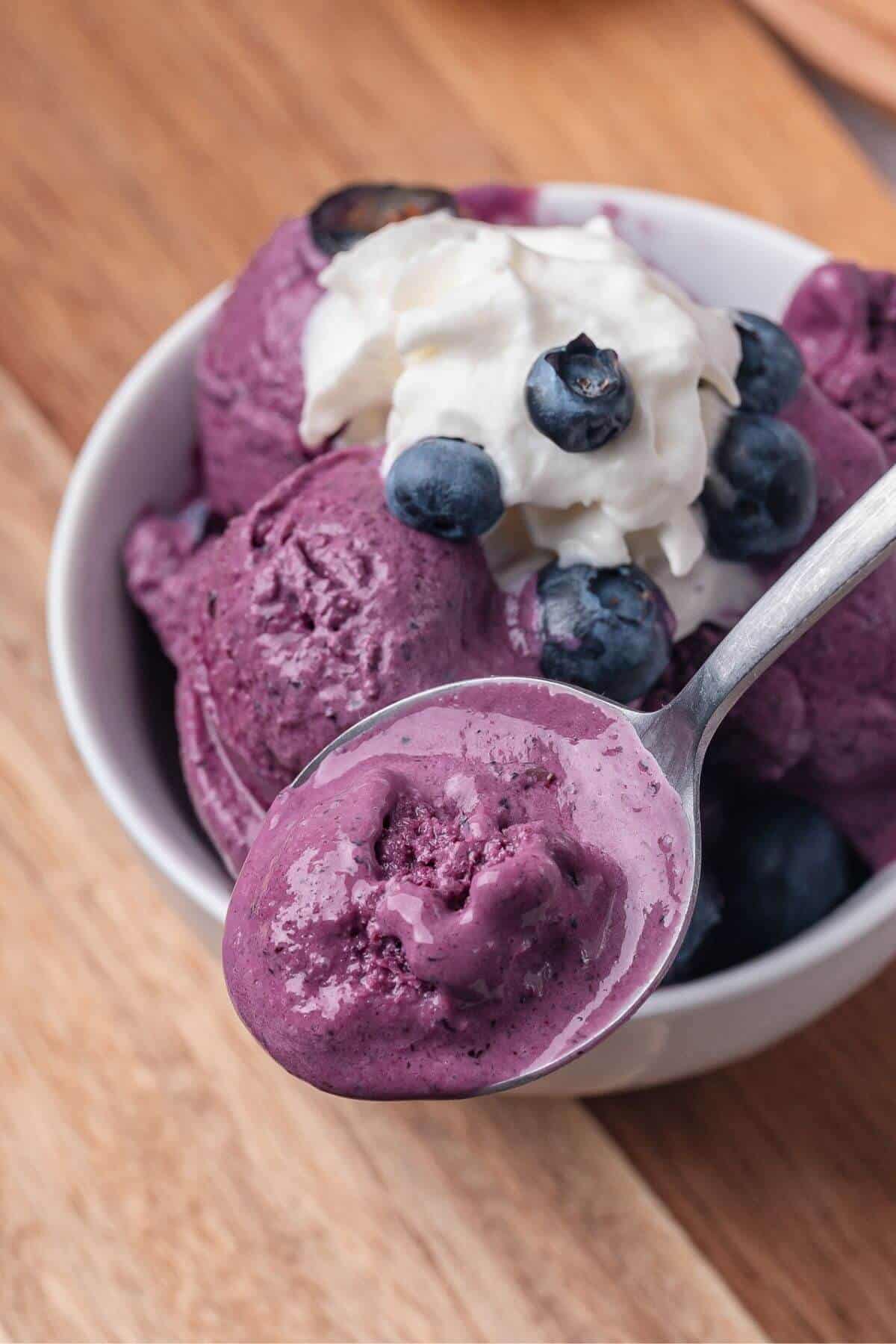 A bowl of purple blueberry ice cream topped with whipped cream and fresh blueberries, with a spoonful of ice cream held above the bowl.